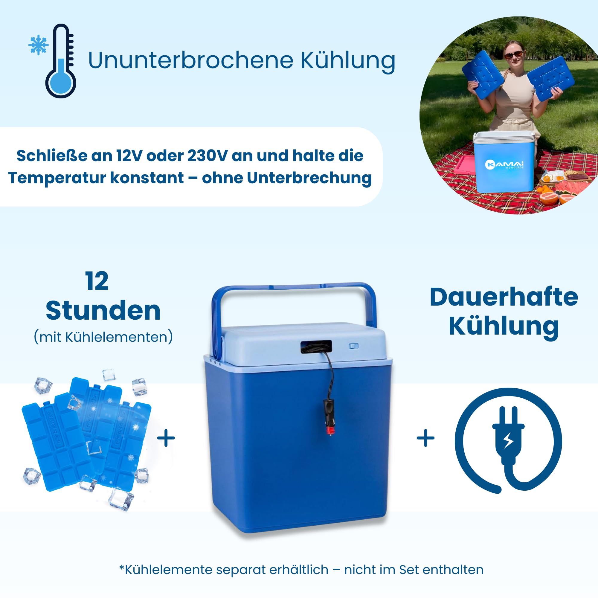 Elektrische Kühlbox 24L - 12V Thermobox, Camping Kühlschrank, elektrisch Isolierbox, tragbare Kühlbox für Auto, Boot, Garten und Reisen, kompakt und leise – Kamai Coolbox