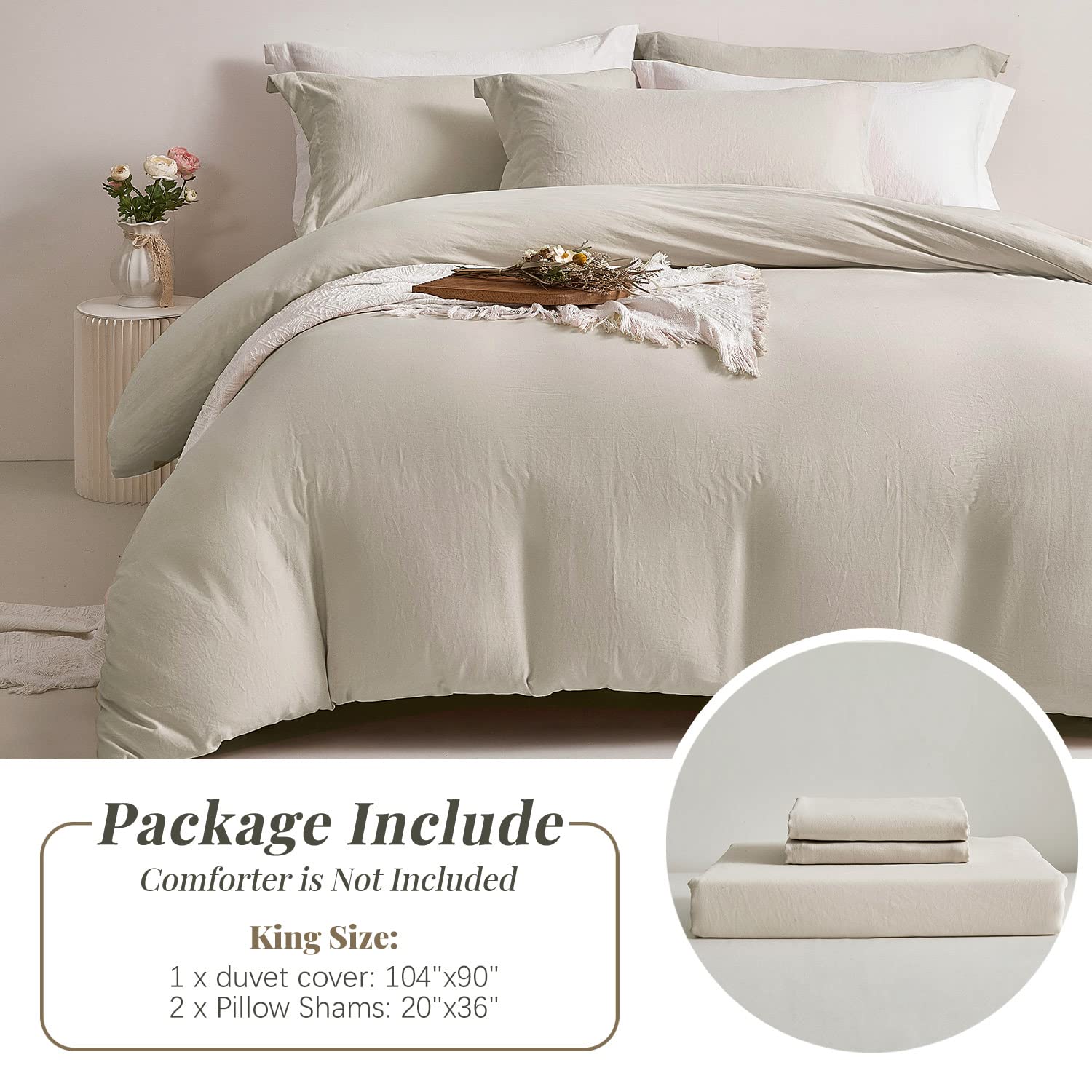 MILDLY Duvet Cover King Size - Super Soft Oatmeal Duvet Cover Set 3 Pieces 100% Washed Microfiber Bedding Set with Zipper Closure, 1 Duvet Cover 104x90 inches and 2 Pillow Shams