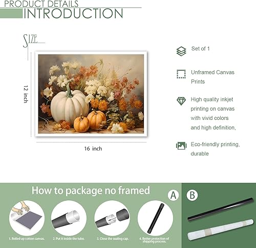 Miniatura 6 de Wodkodnxy Lienzo decorativo para pared de otoño de granja, calabazas blancas y naranjas, cuadros de pintura de naturaleza muerta, carteles rústicos