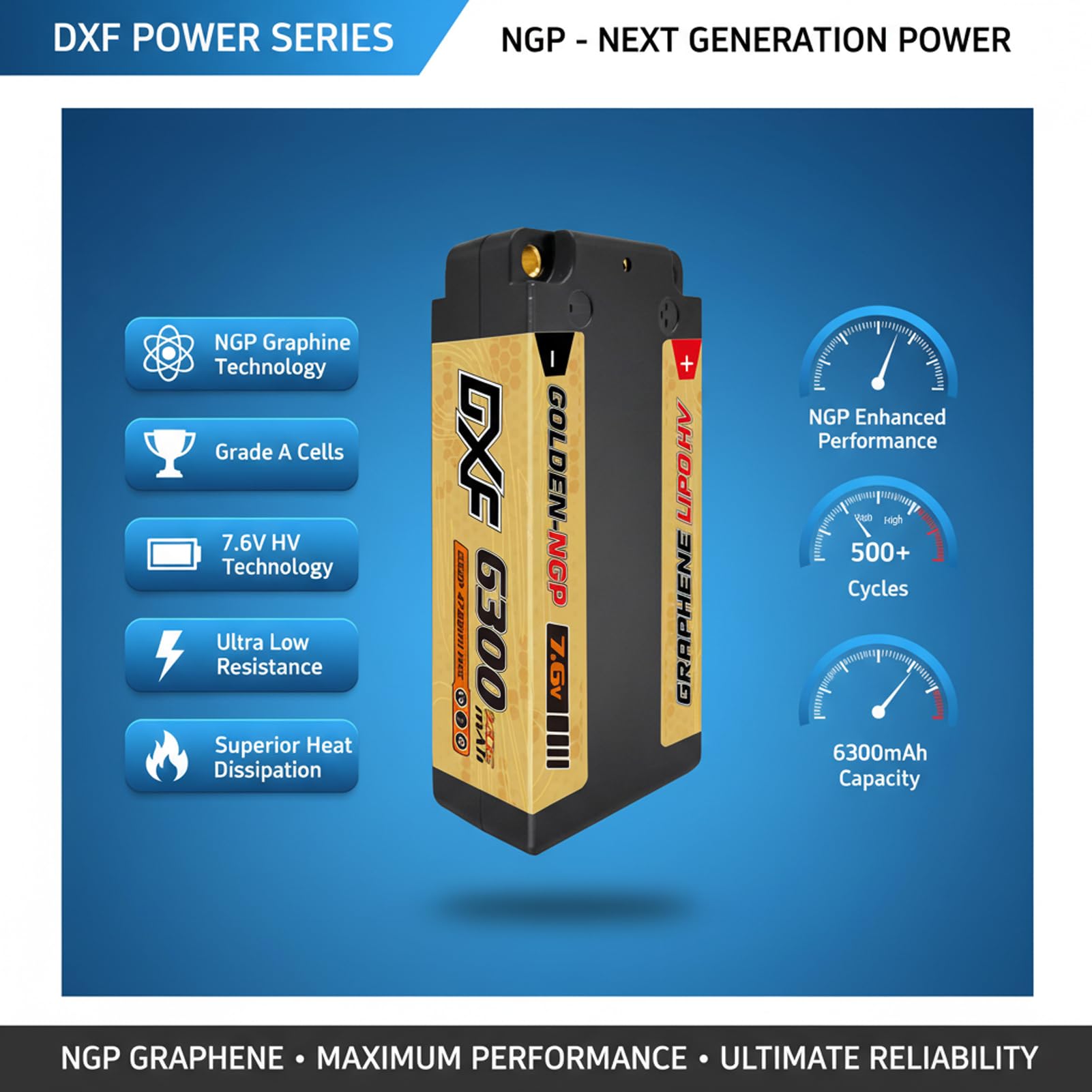 DXF Batteria LiPo 2S 7.6V 6300mAh 140C HV Spina Deans T Bullet 5mm Auto RC 1/8 1/10 Truck Buggy Touring Car Compatta Leggera Potente Gare Racing Corse Modellismo 2 Pezzi