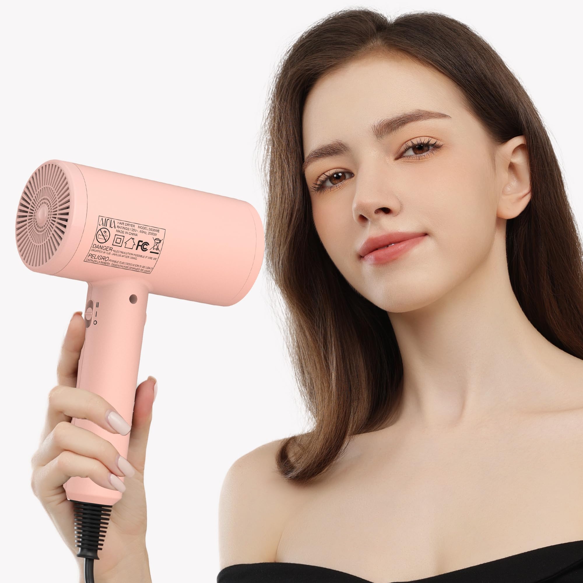 Secador de pelo AINA Pro Salon (nueva tecnología),2300W con peine difusor para mujeres | BLDC | Motor sin escobillas de 150,000 rpm | Iónico | Pantalla LED | 4 accesorios magnéticos 230V/EU(rosa)