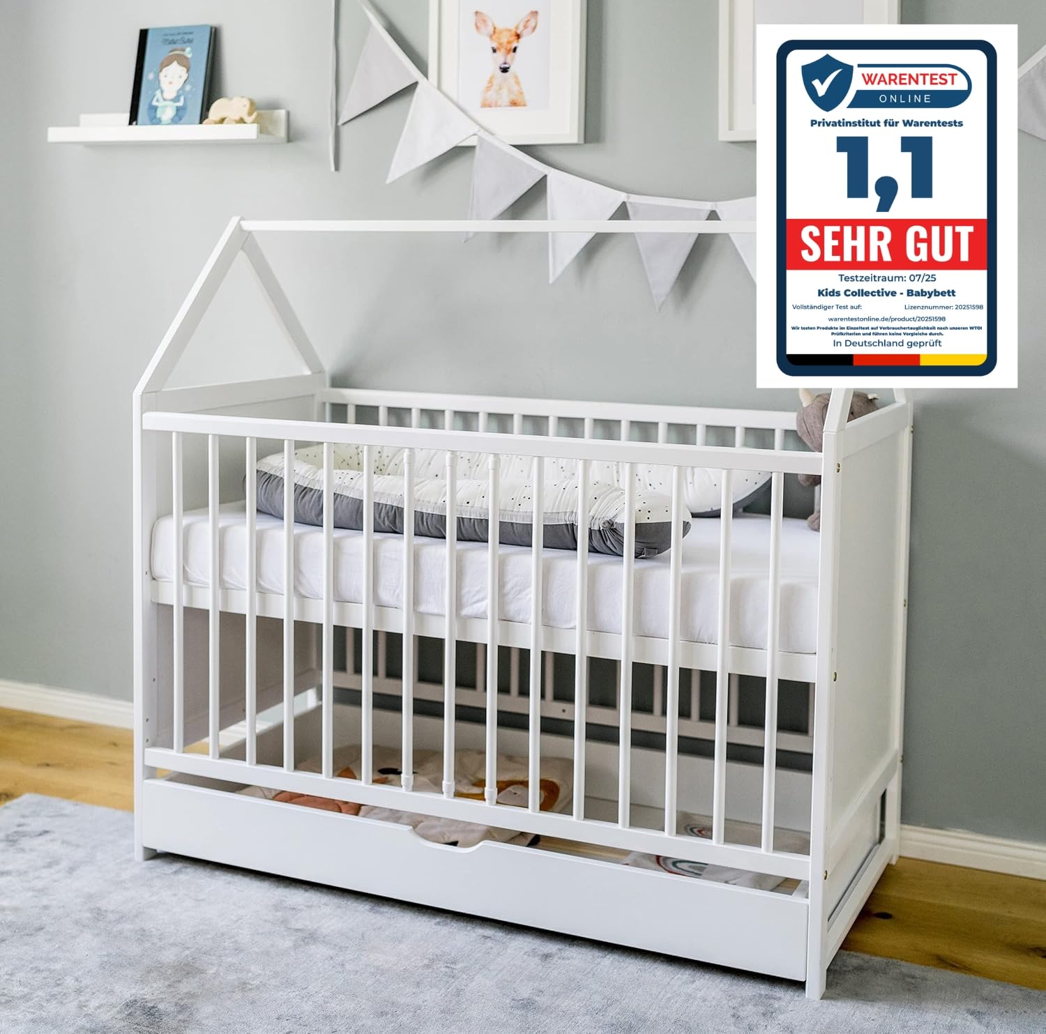 Kids Collective Babybett Beistellbett Kinderbett 60x120 cm mit Schublade & Matratze Hausbett Baby Bett 120x60 cm weiß mit Schublade, höhenverstellbar und umbaubar | von Geburt bis 3. Lebensjahr