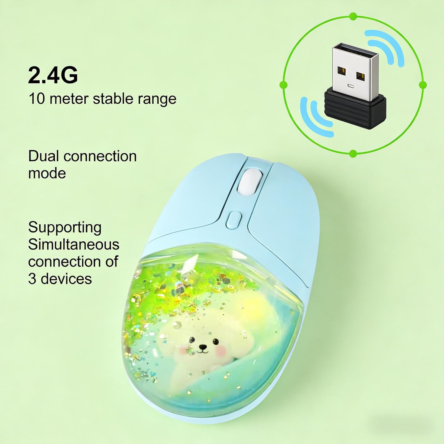 Aqua Mouse, Clear Water Glitter Animal Design Wireless Bluetooth Mouse, Green Multi-Mode, 4000 DPI Adjustable, RGB Light Portable Rechargeable Mouse for Laptop PC Office Home