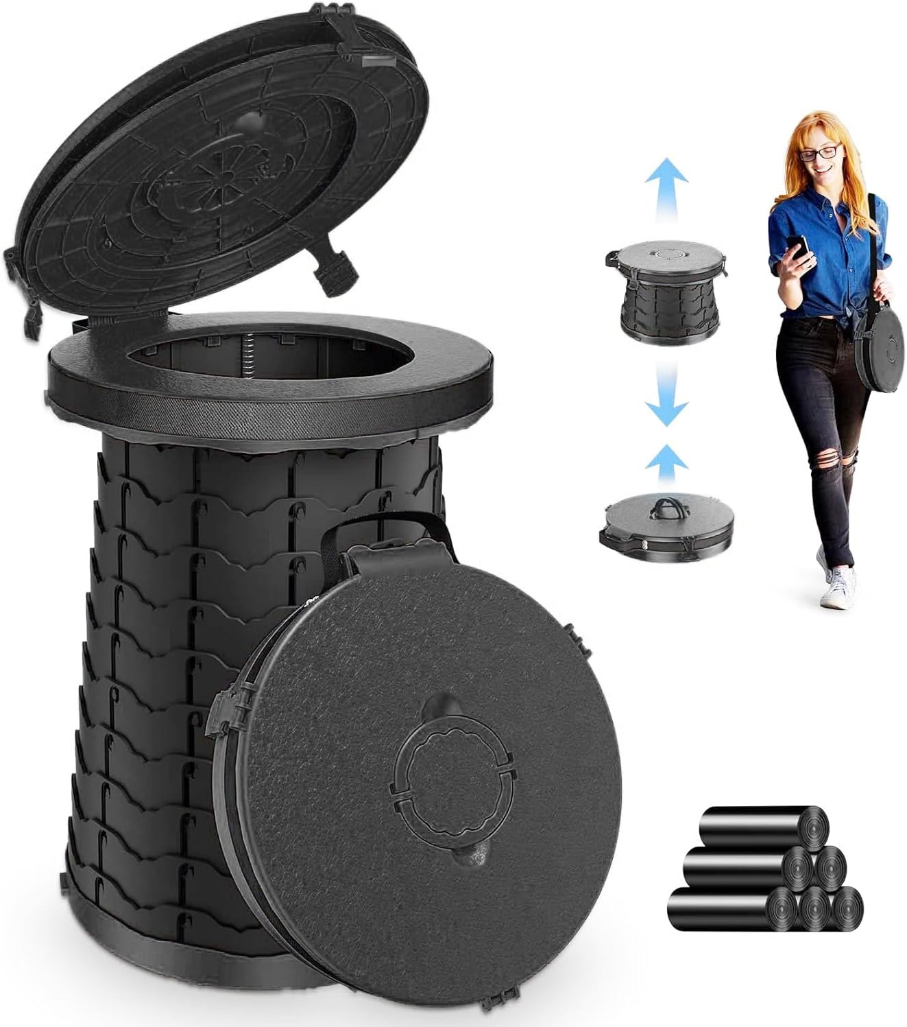 XXL Portable Toilet - 19.7"H Adjustable Foldable Camping Toilet, Luggable Loo with Lid, Strap,Toilet Bag for Camping, Hiking, Travel and Car