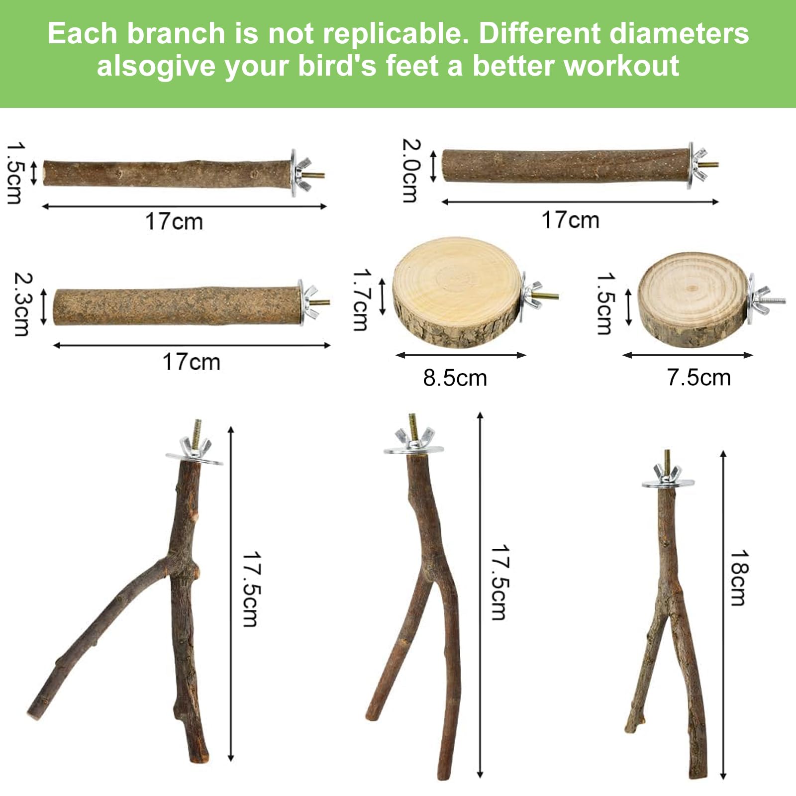 Set di 8 posatoi per uccelli, in legno naturale, per uccelli, accessori per uccelli, accessori per pappagallini, canarini, parrocchetti, uccelli diversi