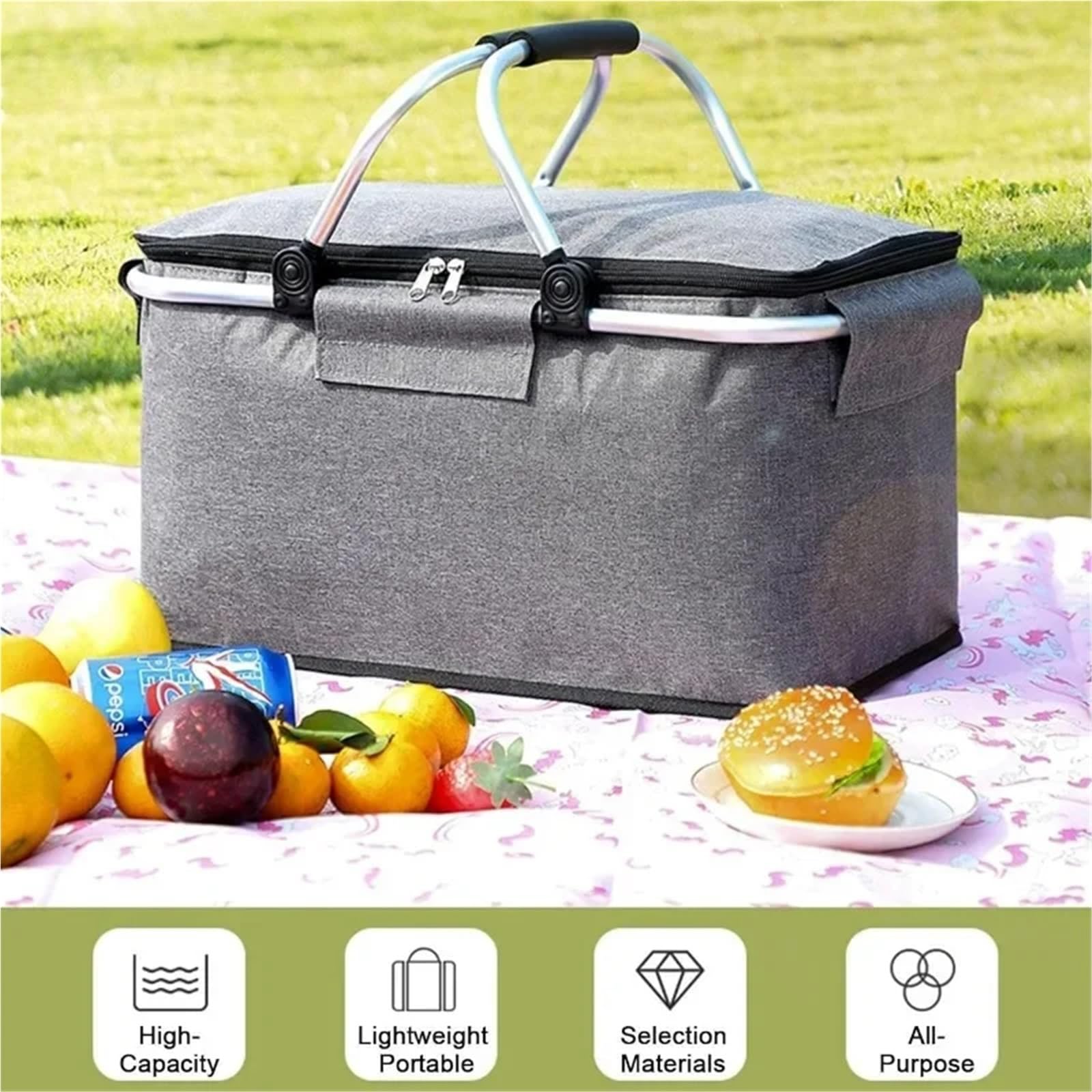 Panier de pique-nique, shopping, voyage, camping, sacs d'épicerie, 2 couches de poches intérieures, panier pliable étanche et isolé (rouge)