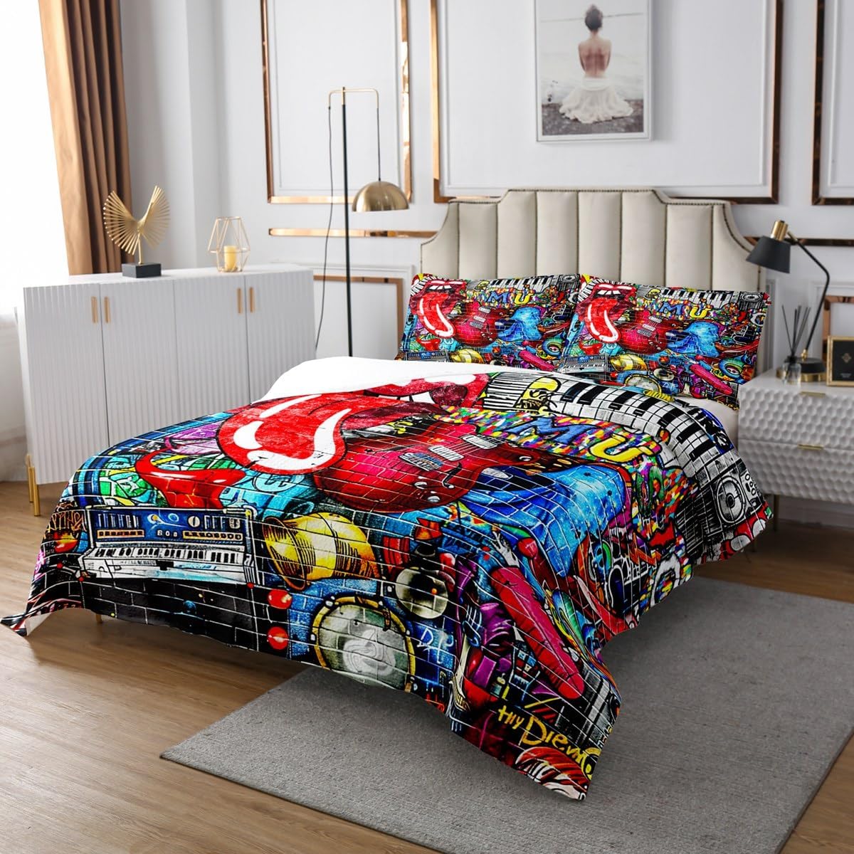 Homewish Colorful Graffiti Bedspread Twin Size,Hippie Music Bedding Sets 2Pcs for Kids Girls Boys Room Decor,Brick Wall Graffiti Comforter Set Fashion Red Lips Quilt Coverlet,1 Pillowcase