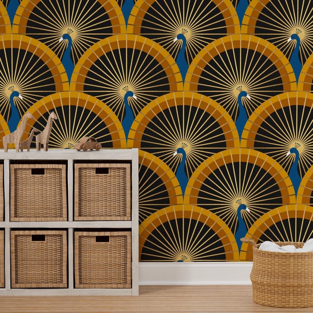 Spoonflower Removable Wallpaper 6ft x 2ft - Bird Green Blue Gold Art Deco Peacocks Custom Pre-Pasted Wallpaper