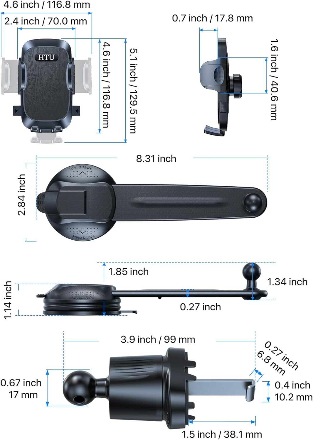 HTU Upgraded Strongest Suction Car Phone Holder Bendable Arm, Never Block View Rotatable Cellphone Mount for Dashboard Windshield Vent, Cradle Stand for iPhone 16 15 14 13 12 Pro Max (Black)