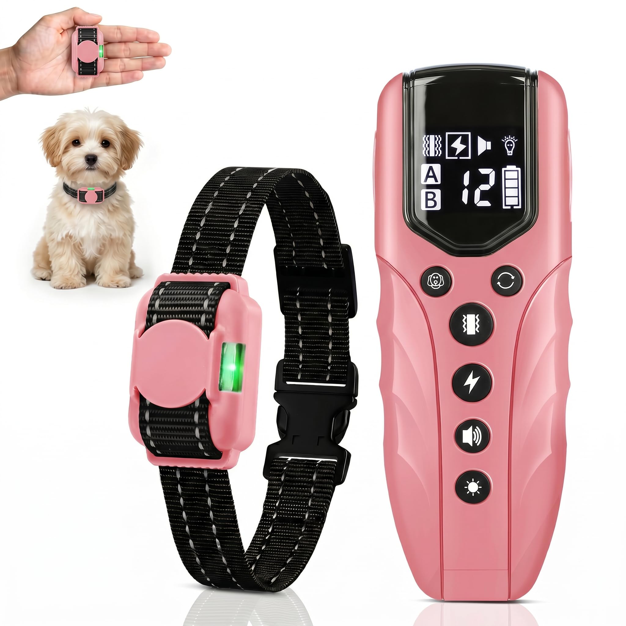 Collier de Dressage Chien avec Télécommande 2000 ft, Collier Électrique pour Chien Ultra Léger, Bip, Vibration, Collier Anti Aboiement Électrostatique, LED, Étanche, Rechargeable, Rose