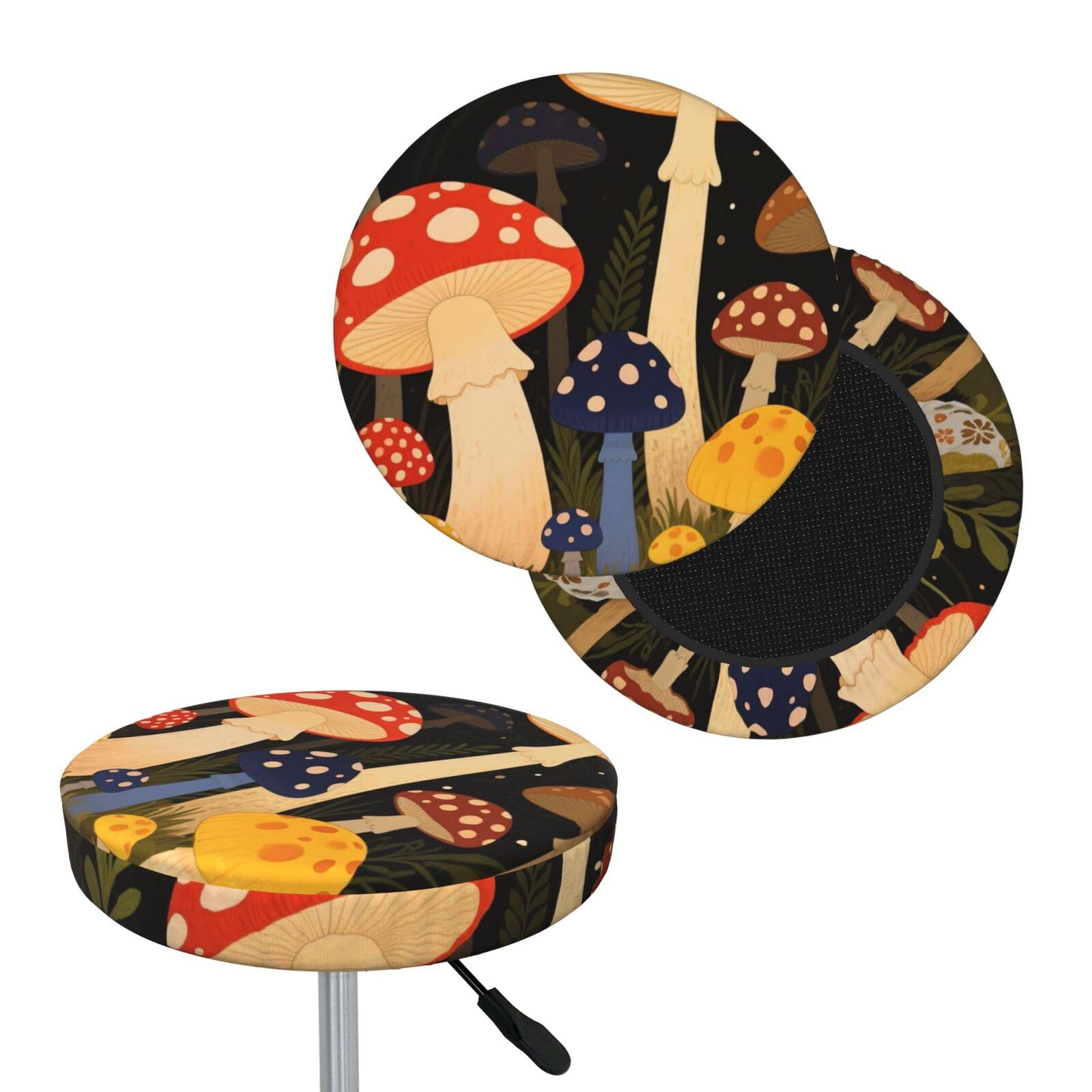 FekiLoot Vintage Mushrooms Round Bar Stool Covers Stretch Washable Bar Stool Covers Dustproof Slipcover Bar Chair Covers with Elastic Band for Bar Kitchen Living Room Decor 12 Inch