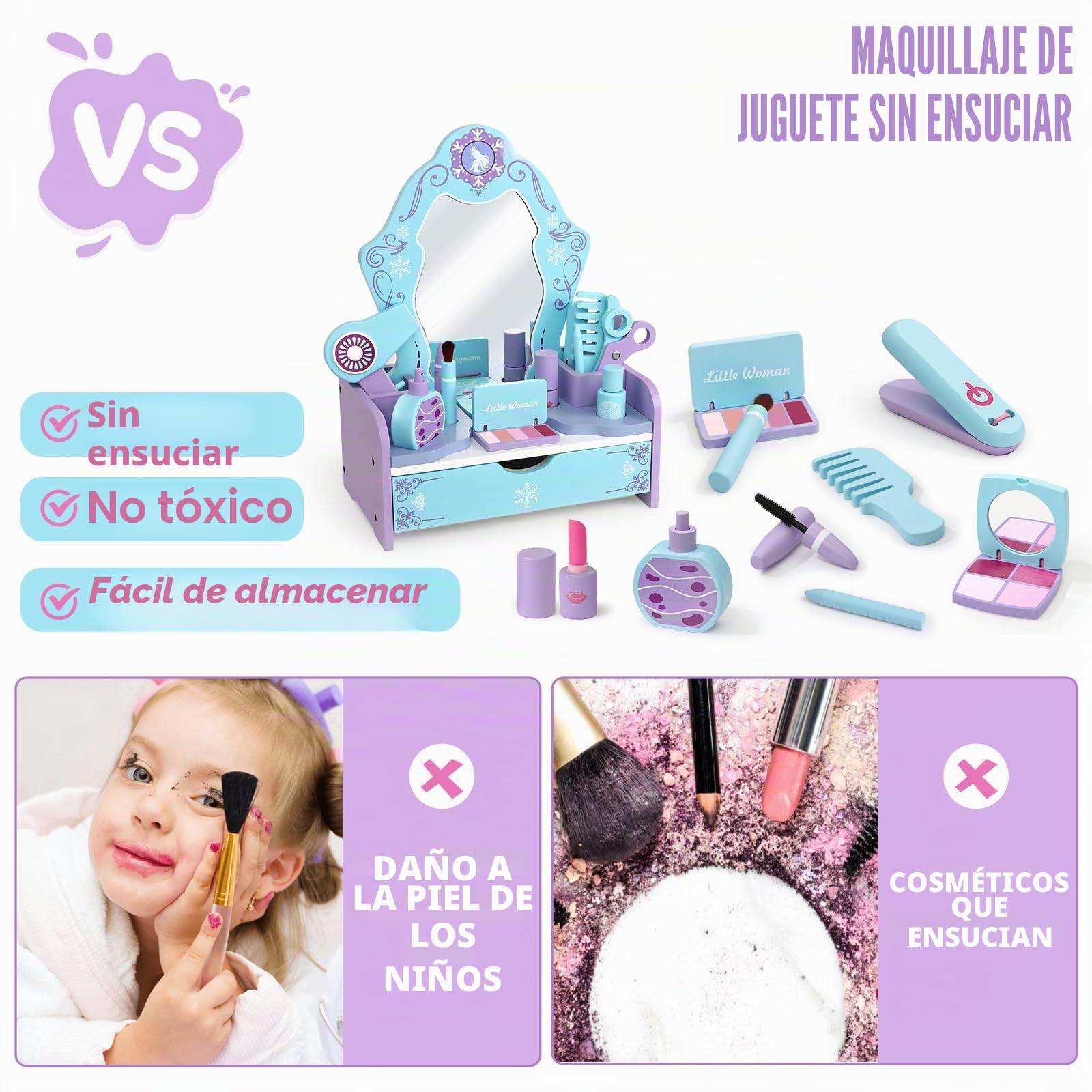 Atoylink Frozen Tocador Infantil Niña de Madera, 12 Piezas Estuche Maquillaje Niña con Set Maquillaje Niñas & Set Peluqueria Juguete, Frozen Juguete Madera Cumpleaños Regalo para Niñas 3 4 5 6 7 Años