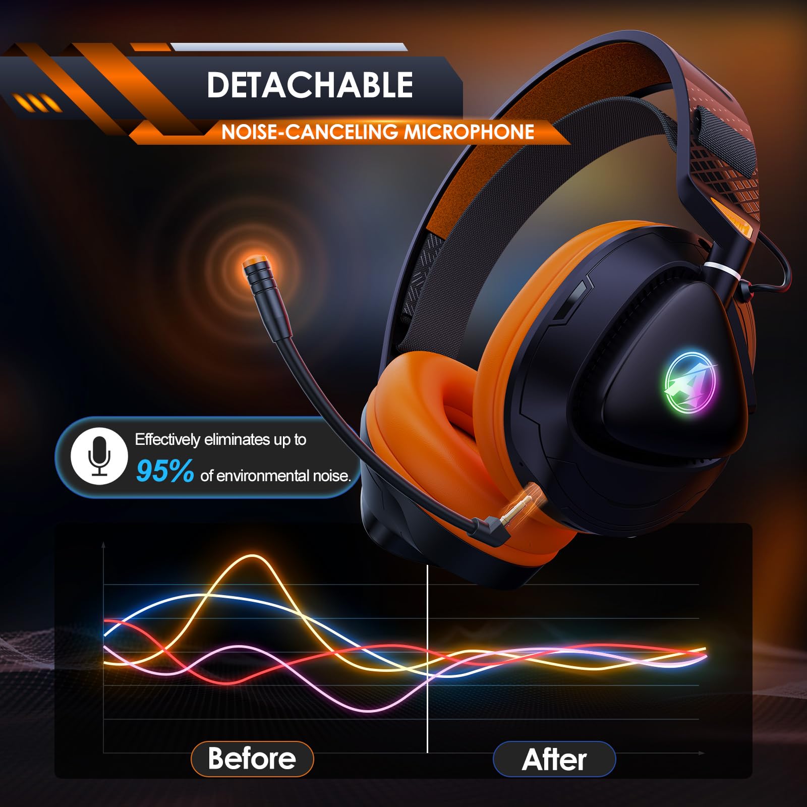 PH3 Kabelloses Gaming Headset für PS5, PS4, PC,Bluetooth-Kopfhörer mit 50 Stunden Akku, Gaming-Headset mit Mikrofon mit Geräuschunterdrückung,RGB Licht, Hellorange