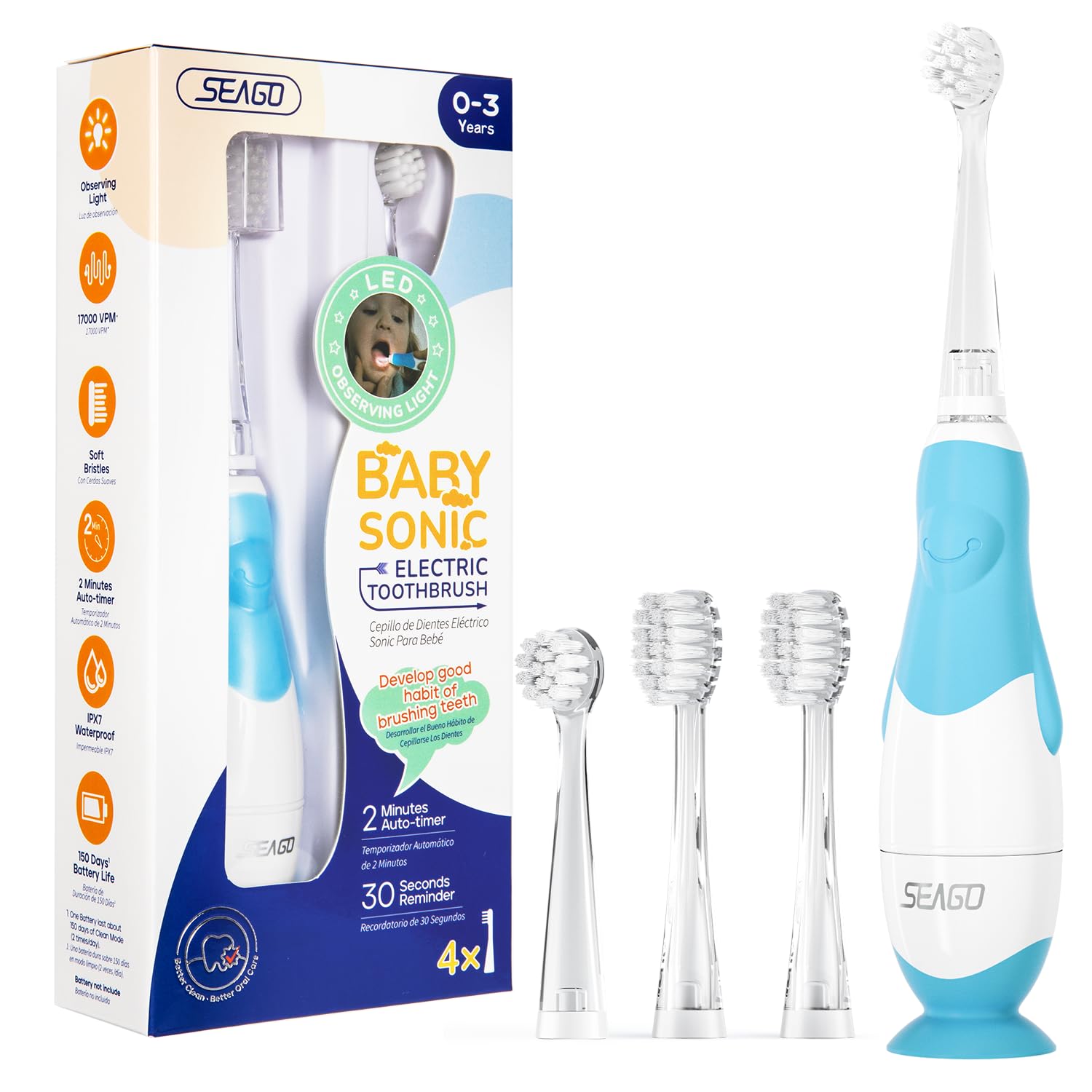 Seago Baby Electric Toothbrush,Kids Power Toothbrushes with 4 Brush Heads with LED Light, Baby Toothbrush with Smart Timer and Sucker Base Ages 0-3 Years, Penguin Shape Design