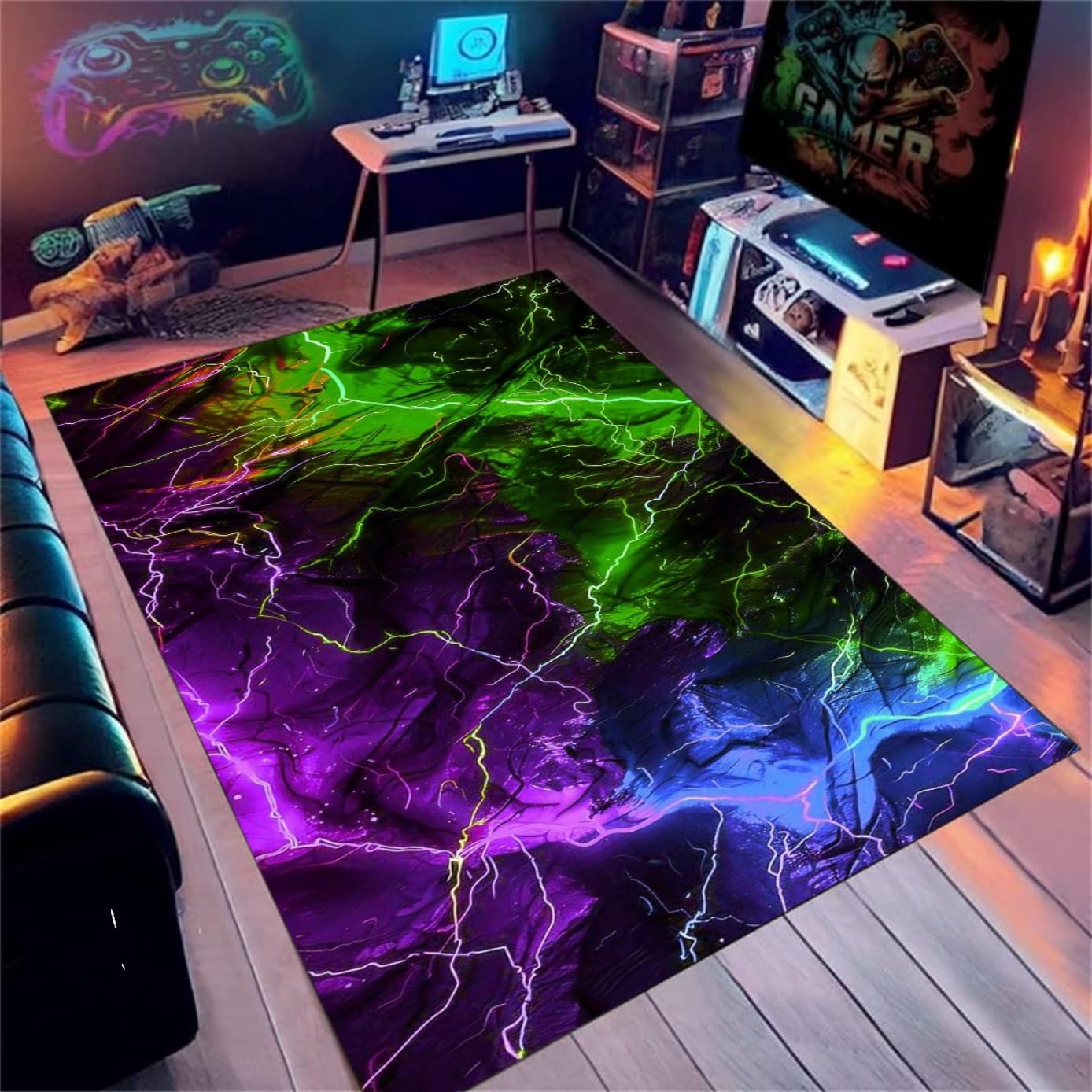 Neon 3D Vision Rug for Gamers, Flannel Soft Carpet for Teen Boys Bedroom & Game Room, Colourful Optical Illusion Gaming Mat, Non-Slip, Comfortable Carpet Gamer Bedroom Accessories, 100x150 cm, Color 6