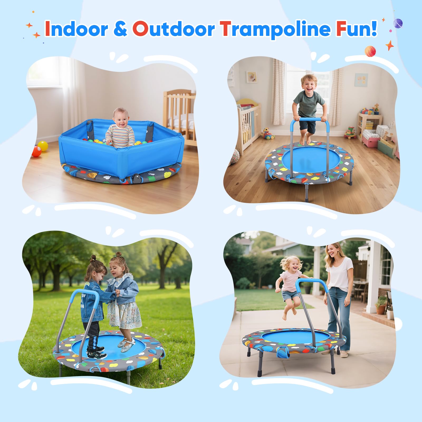 Trampoline de fitness pliable pour enfant - Charge maximale : 150 kg - Silencieux - Avec panier attrape-balles avec housse de sécurité - Trampoline pour enfants