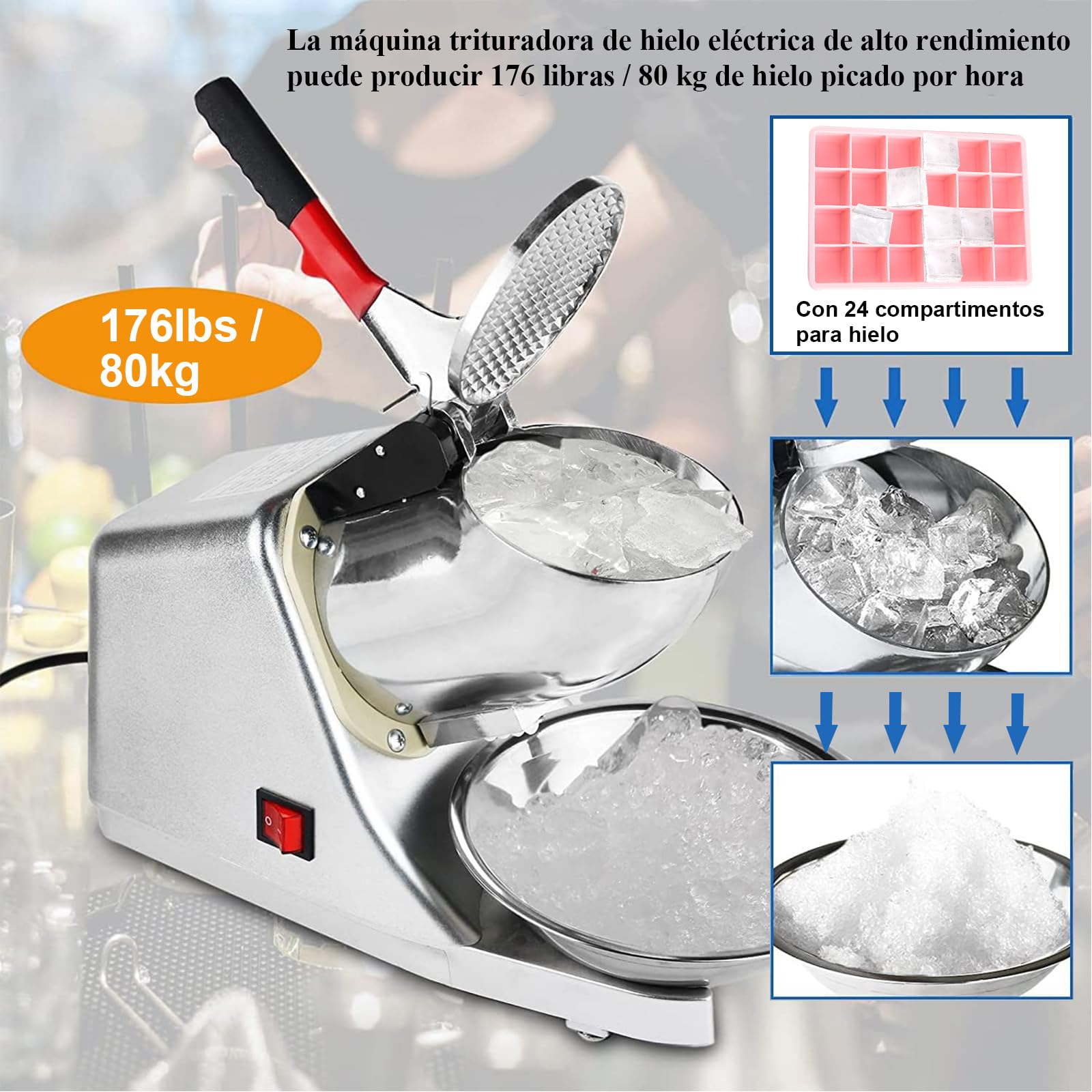 Tosucs Tritaghiaccio Elettrico 300W, 65 kg/h Elettrico Macchina del Ghiaccio Ice Maker Crusher Tritaghiaccio Bar Drink, Acciaio Inossidabile,per Uso Domestico e Commerciale(Grigio Argento)