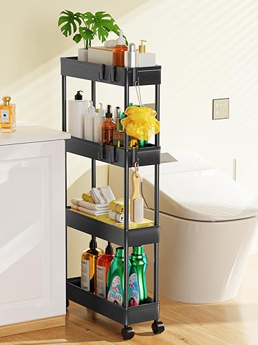 Miniatura 6 de LEHOM Carrito de almacenamiento delgado de 5.1 pulgadas, organizador de baño de 4 niveles, estantería móvil, carrito utilitario rodante, organizador