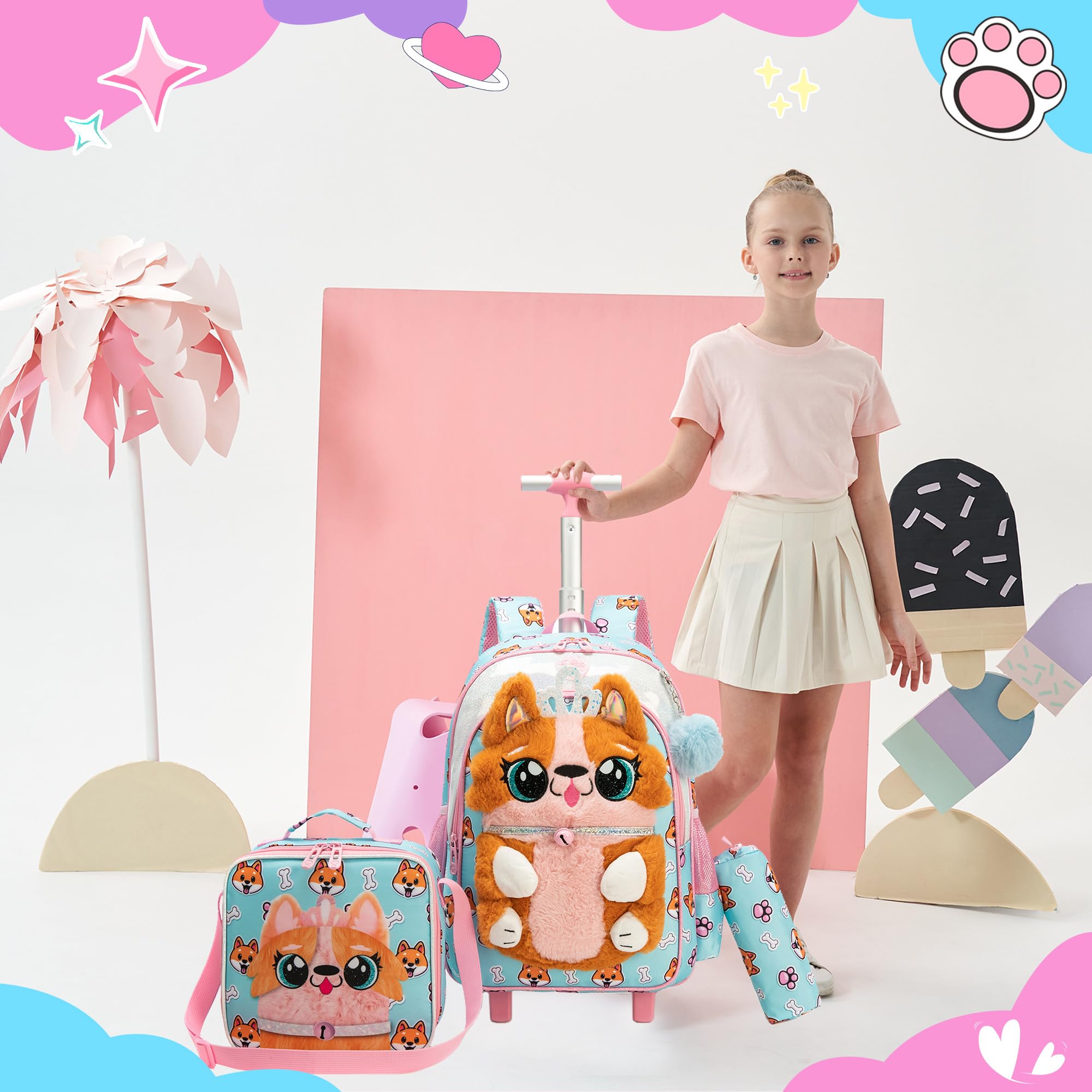 HTgroce Mochilas Escolares Niña con Ruedas, Mochilas Trolley Escolares 3 en 1 Bolsa de Estuche 7 años