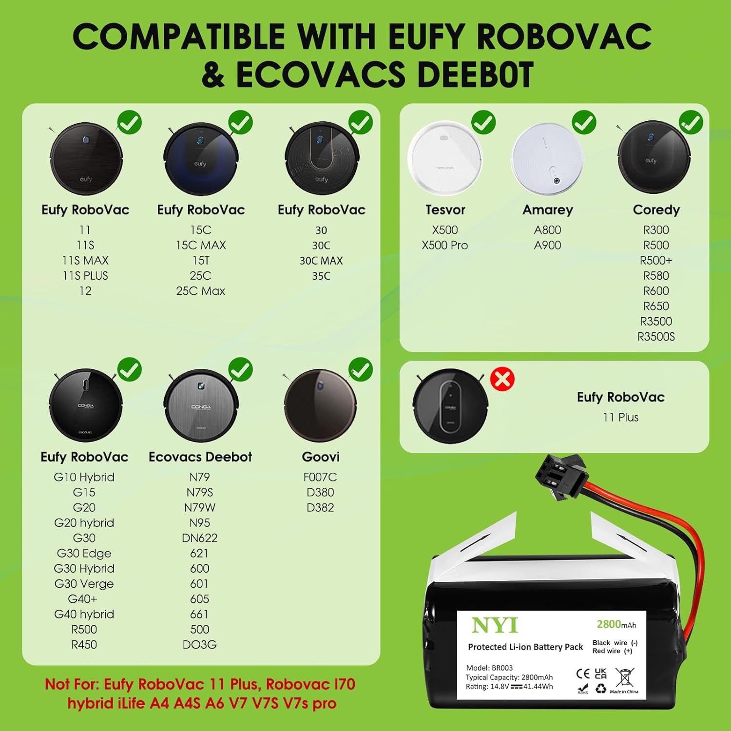 NYI Replacement Battery with Tools Compatible with Eufy RoboVac 11 11C 11S Plus 11S MAX 12 15C 15C MAX 15T 25C 30C G10 Hybrid G30 Edge R500 R450,Ecovacs Deebot N79 N79S N95 DN622 661,Goovi F007C Etc