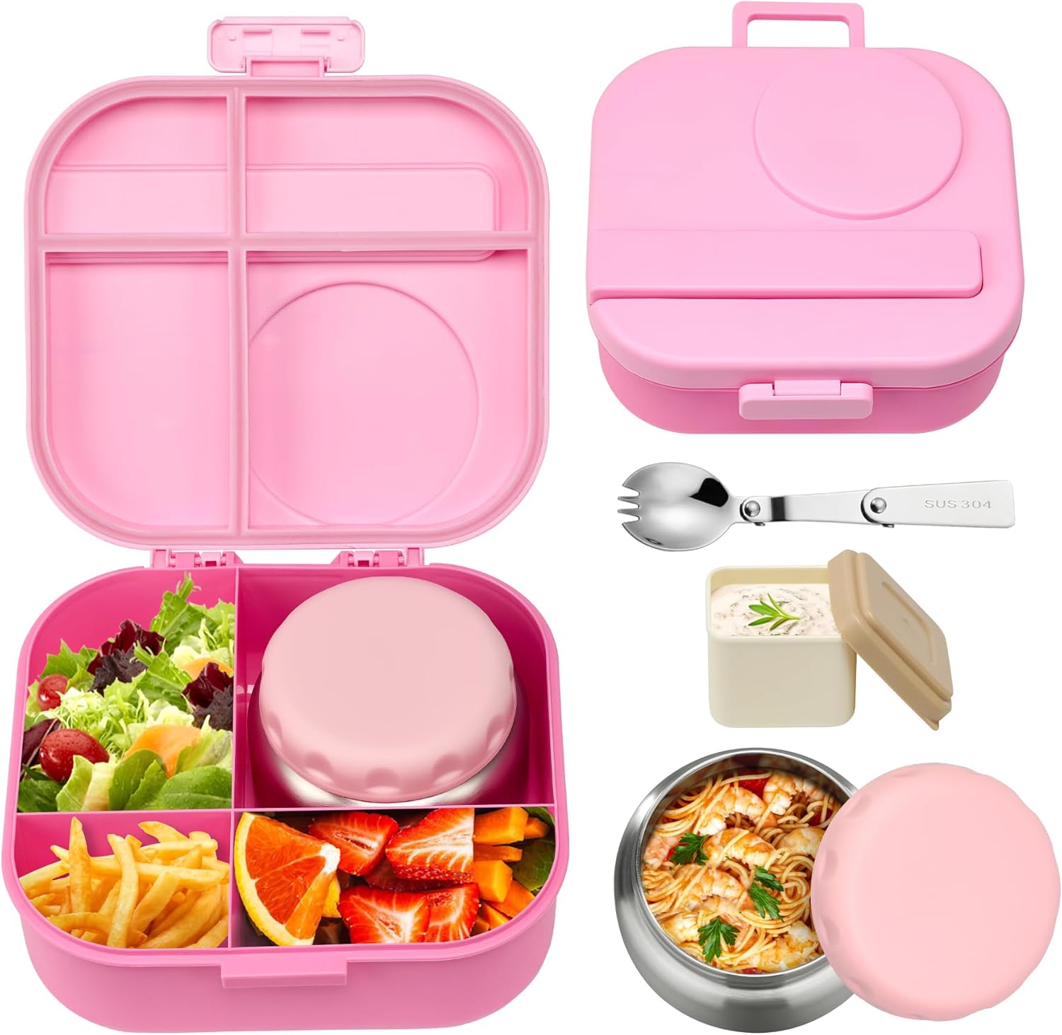 Bento Lunch Box for Kids with 12oz Soup Thermo,4 Compartments Lunch Box Containers Kids, Includes Foldable Spoon &Sauce Jar, BPA Free&Leak proof,Insulated Food Jar for Travel,School,Picnic Pink