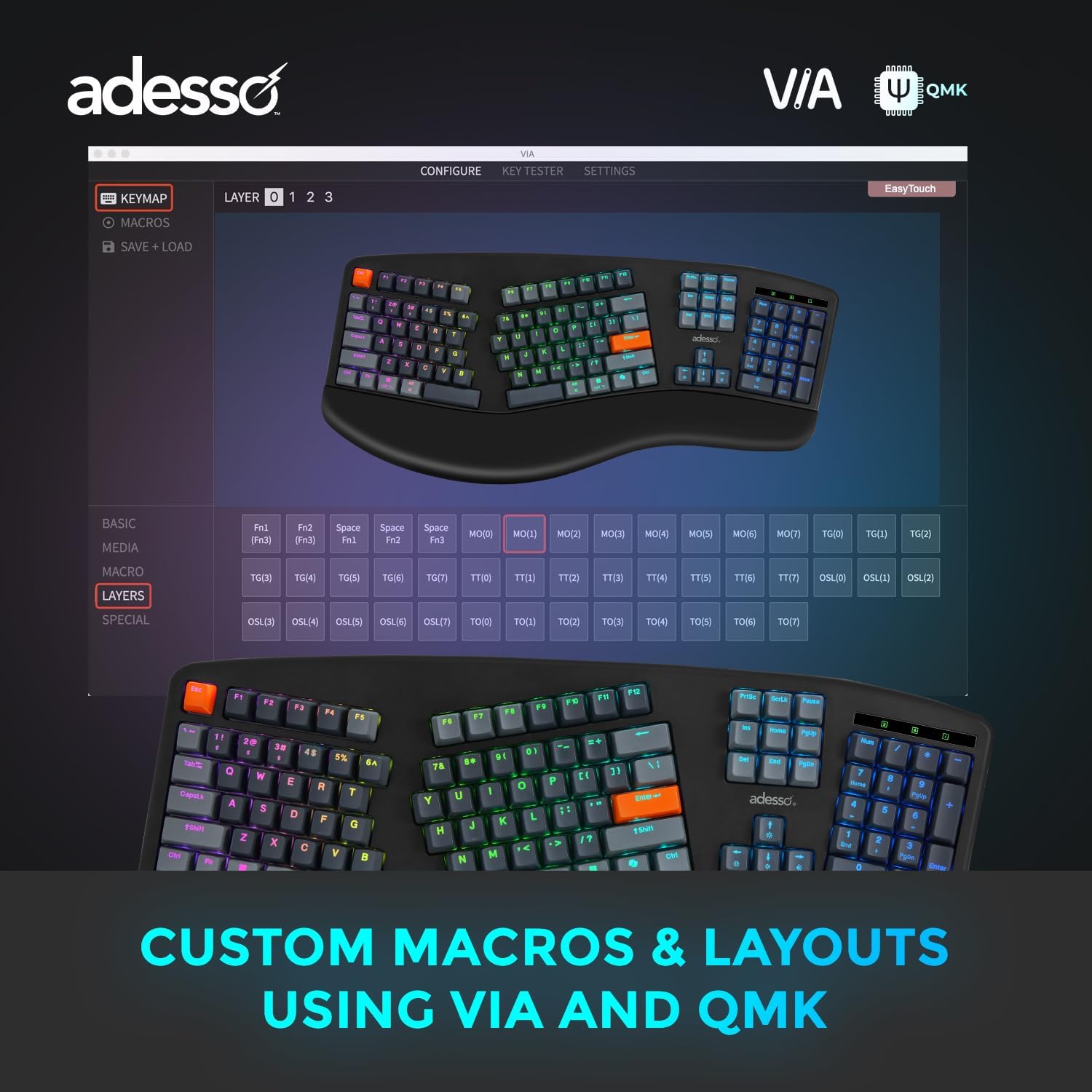 Screenshot of the VIA software interface showing keyboard layout customization options.