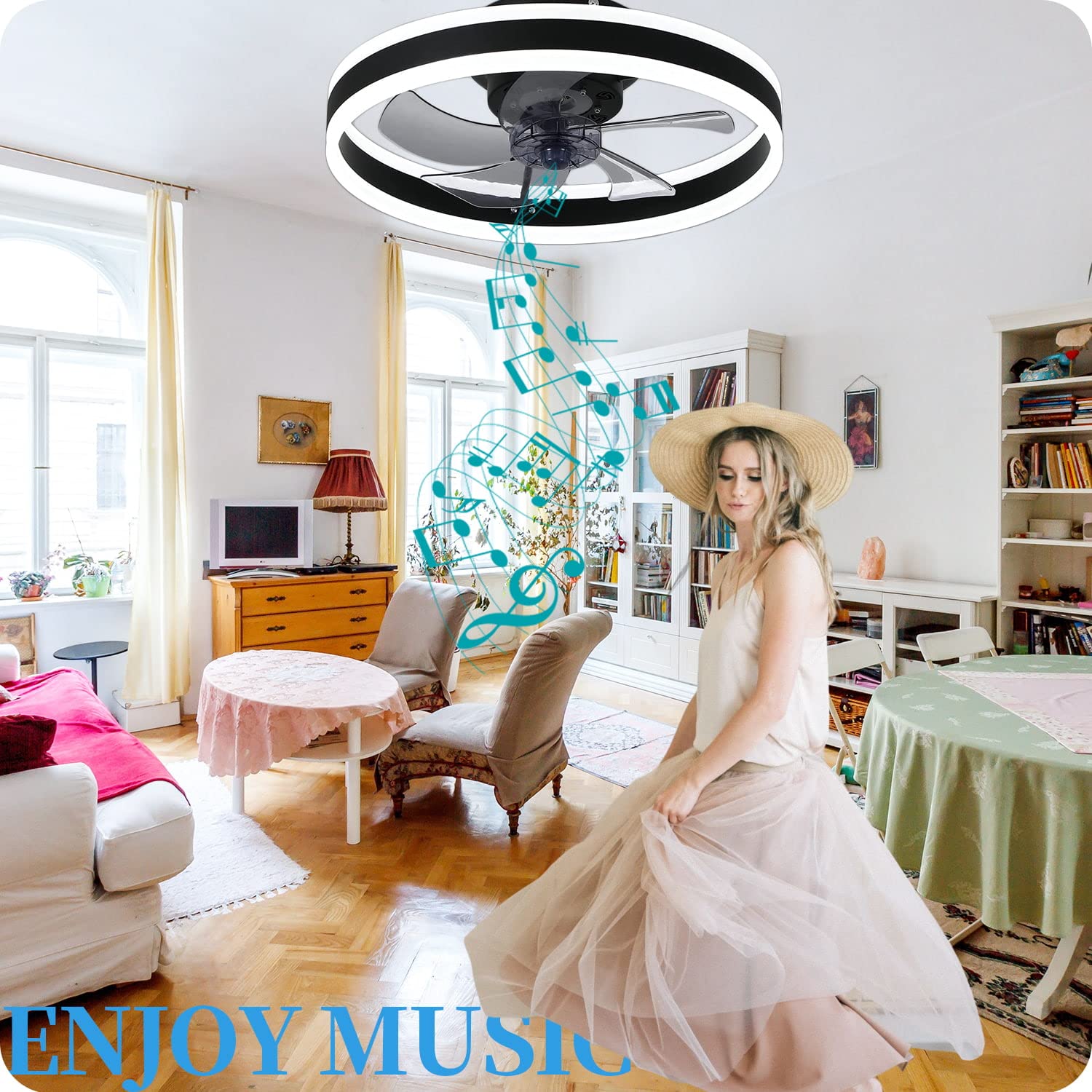 DewShrimp Flush Mount Ceiling Fan with Lights Bladeless Ceiling Fan with Bluetooth Speaker App and Remote Control Quiet Low Profile Ceiling Fan LED Stepless Dimming 3 Colors 6 Speeds Reversible 19.7in