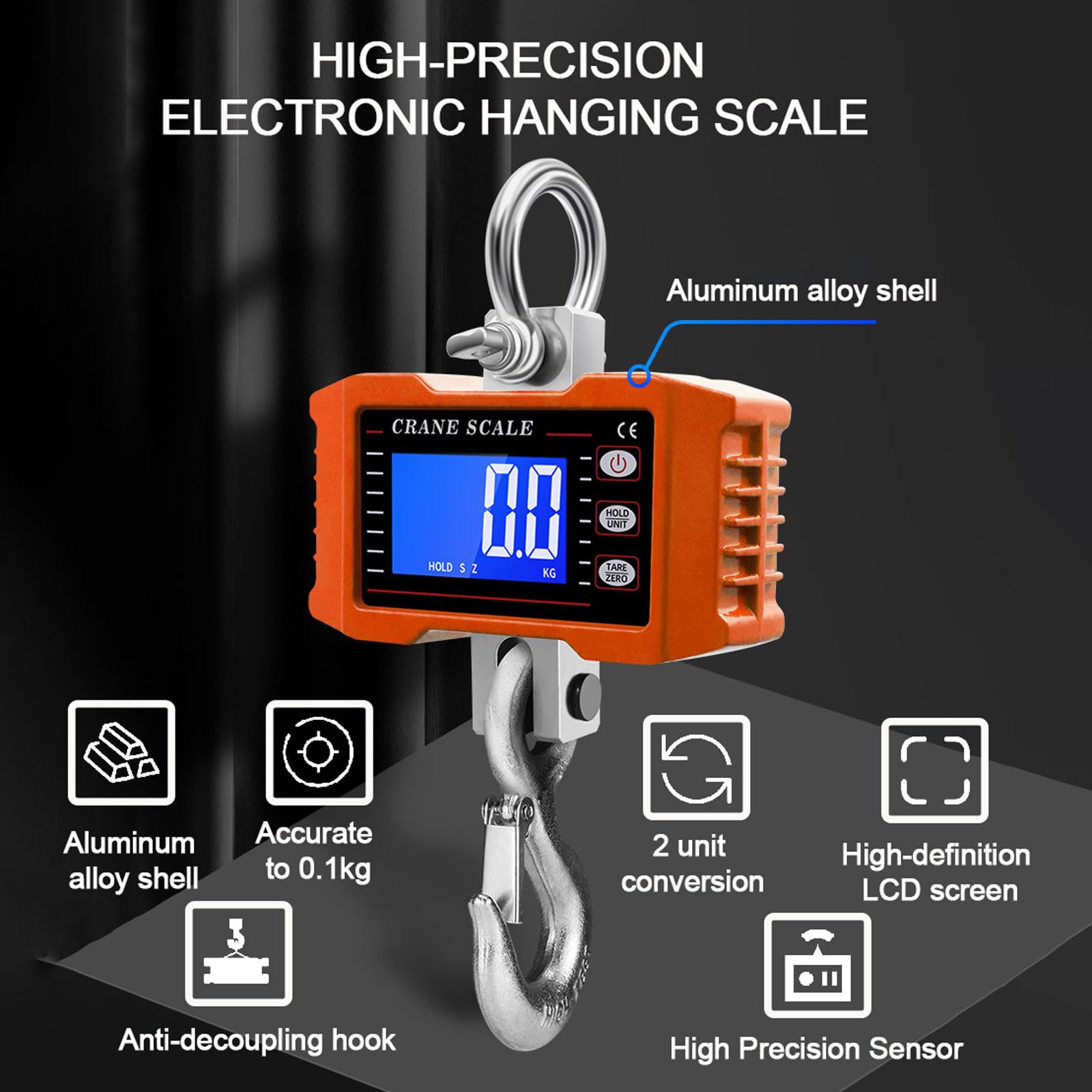 Tiandirenhe Bilancia digitale per gru da 1000 kg/2200 libbre, bilancia digitale per gru industriale resistente, retroilluminazione LCD con cambio unità/tenuta dati/tara/zero per fattoria, bestiame