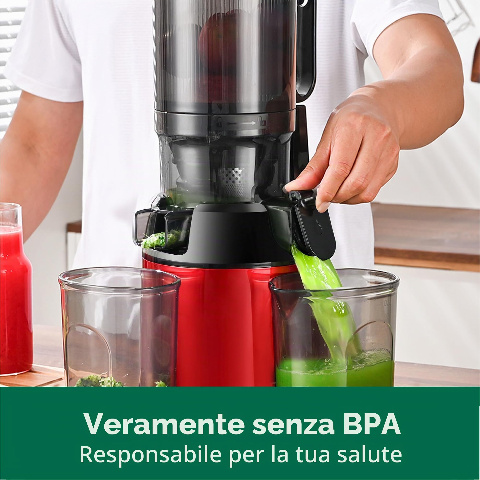 Fretta Estrattore Frutta e Verdura, Apertura Larga da 135mm Adatta a Frutta e Verdure, 1,8L Capacità, 250W Centrifuga Lenta, 99% Nutrienti Preservati, BPA Free, Facile da Smontare e Pulire