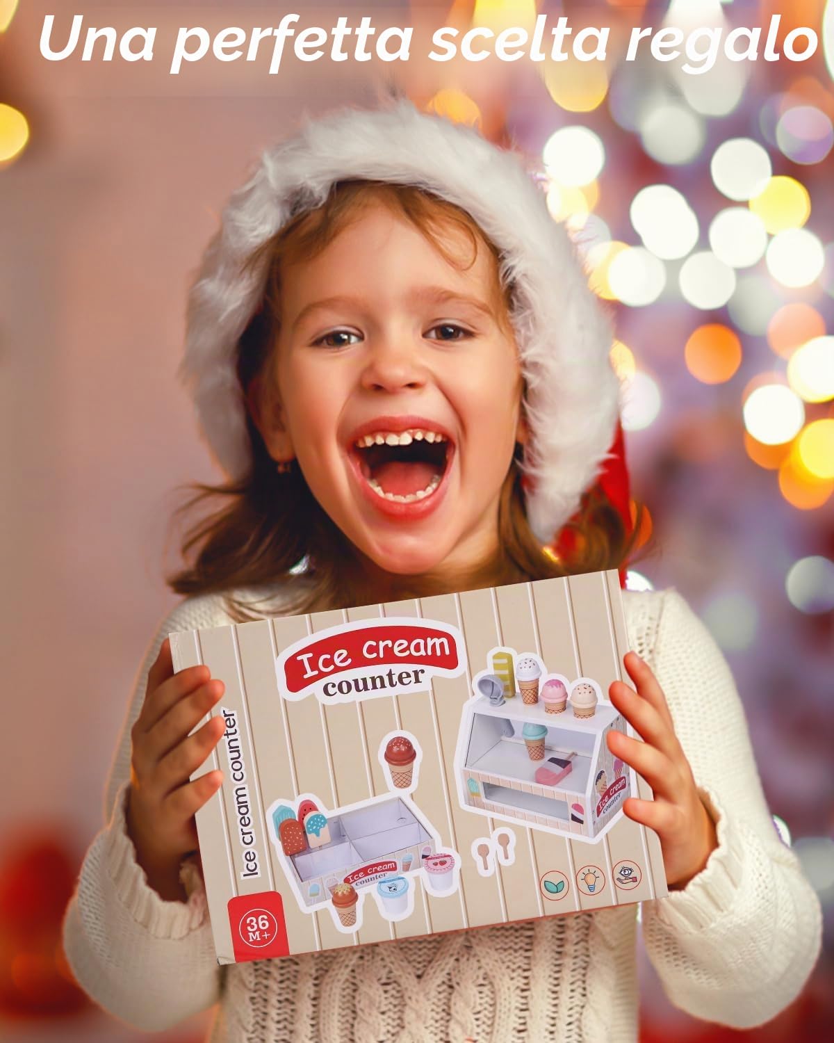 Gelateria Giocattolo, Cucina Cibo in Legno per Bambini, Accessori da Cucina Montessori, Gioco di Ruolo Educativo Regalo per Bambina 3 4 5 6 Anni