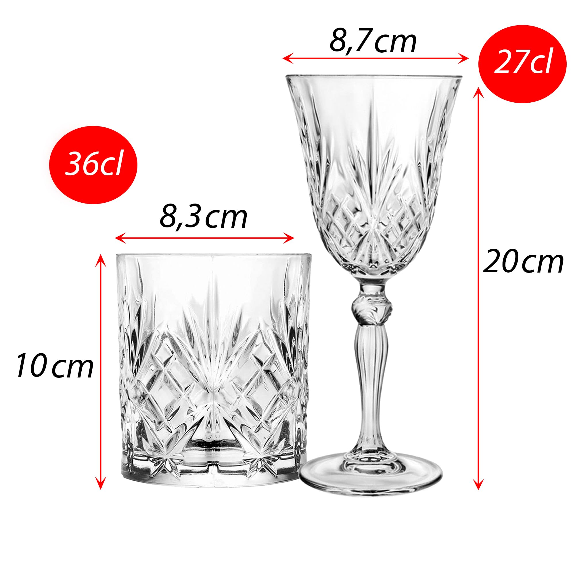 Sicignano - Juego de 6 copas de 27 cl, con 6 vasos de 34 cl, melodía para vino, agua, whisky, licores, cócteles, cristal ecológico, transparentes, resistentes, de regalo con cubo de champán blanco y 2
