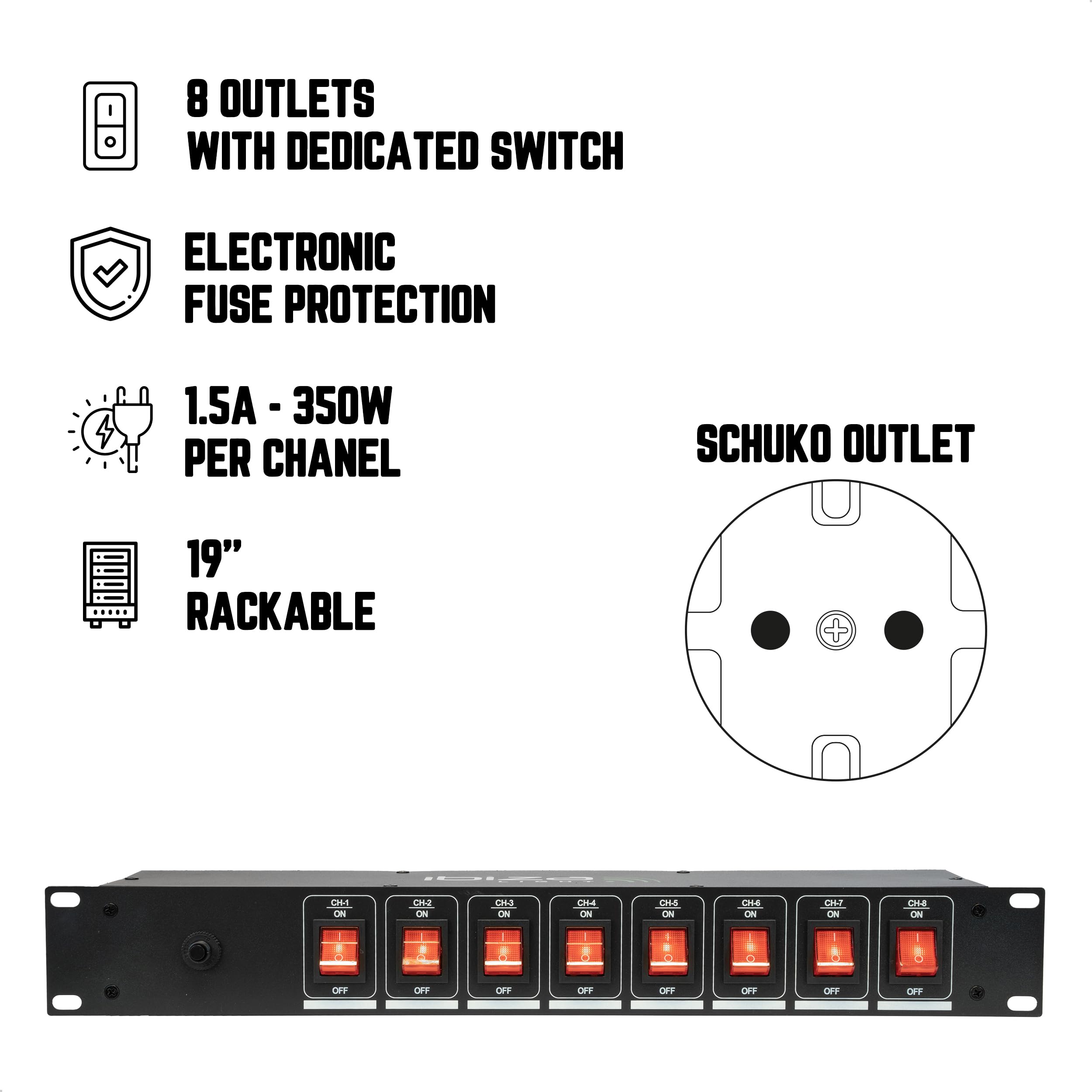 Phasak - Multiprise Rack 19" 1U 8 Prises Schuko - Interrupteur ON/OFF, Câble 1,5 M 16A - Pour Baie Informatique - 4
