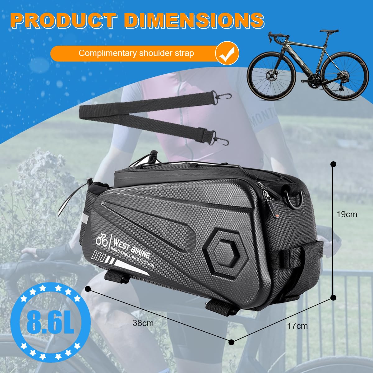 8,6L Borse Bici Posteriore Laterali,Borsa Bici Resistente all'Acqua con Guscio Rigido ad alta Resistenza,Include una Tracolla Aggiuntiva per il Trasporto a Spalla