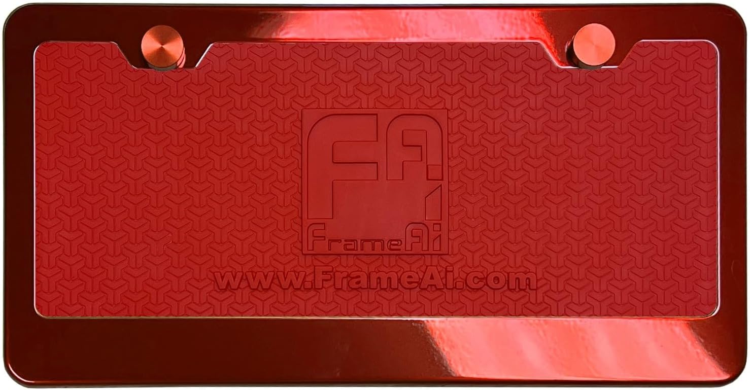 Laser Etched Customized Custom Personalized Silicone Back Guard License Plate Frame Candy Red Powder Coated Universal Fit Aluminum Screw On Cap Cover, T304 Stainless Steel (Qty: 1 Frame)