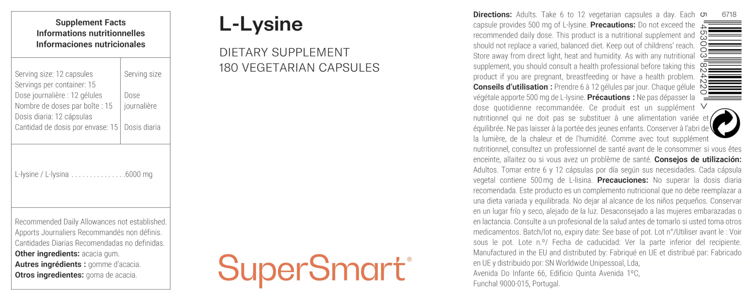 L-Lysin - Essentielle Aminosäure - Für Muskelunterstützung und Kollagenproduktion - 180 vegetarische Kapseln - Vegan - SuperSmart