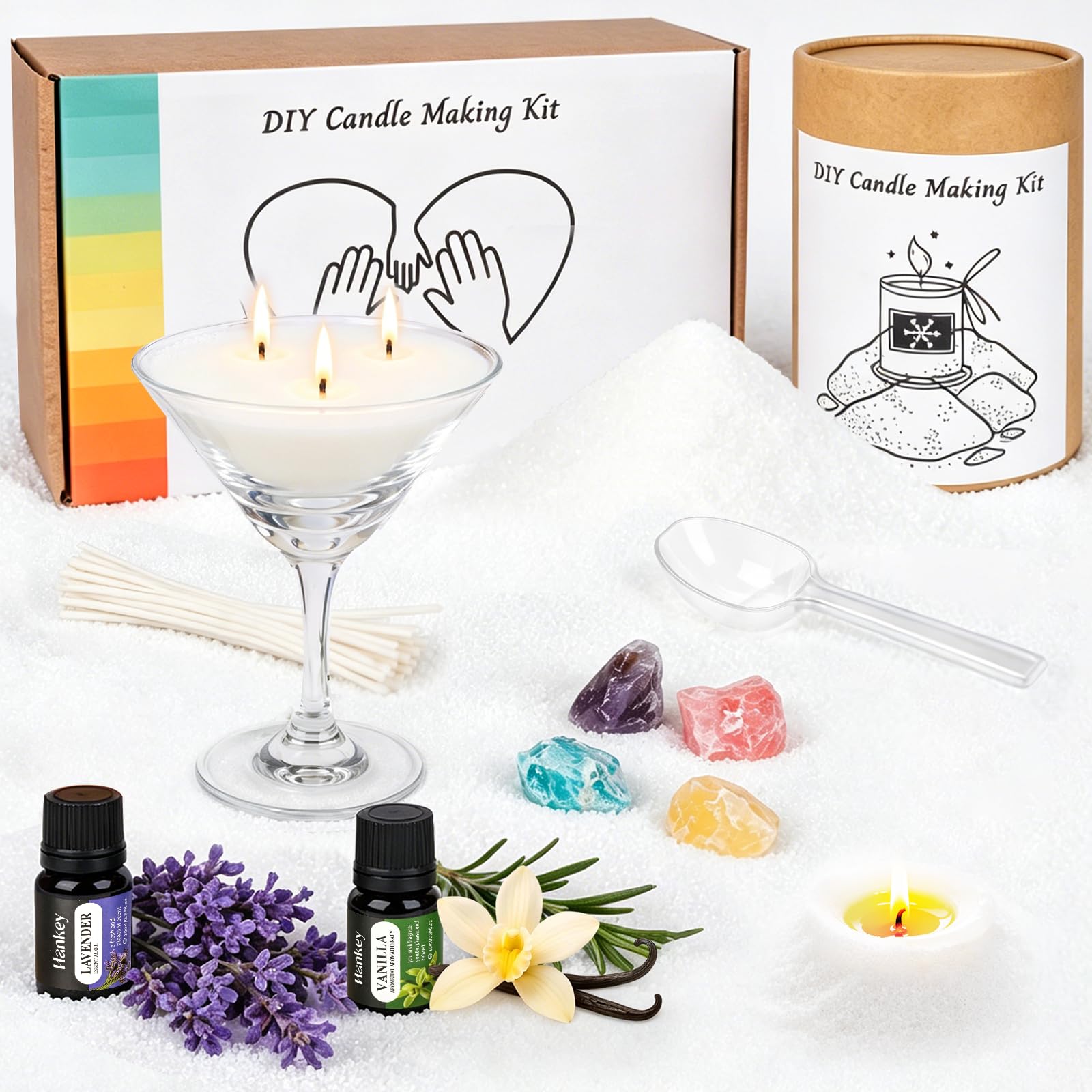 Sabbia per Candele con Stoppini, Kit Candele Fai da Te con 450g Perle di Cera per Candele, 30 Stoppini e Calice, Cera di Soia per Candele, Fino a 100 ore di durata