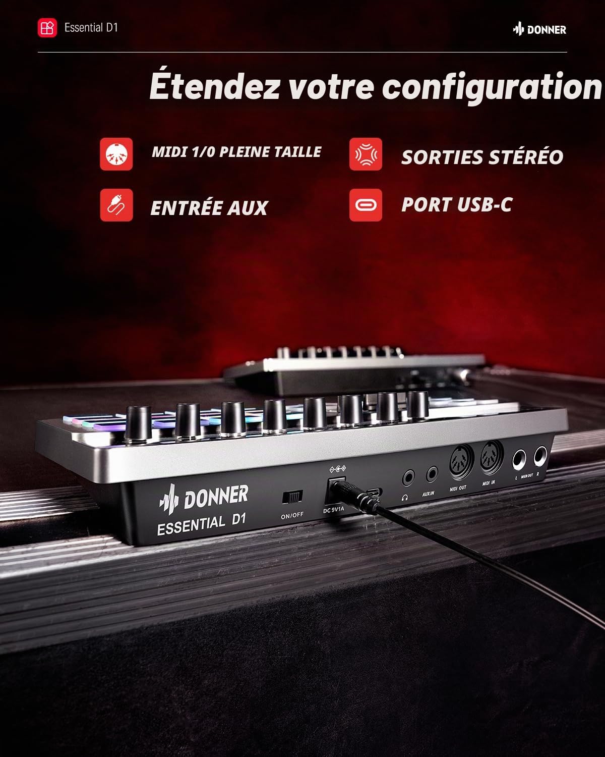 Donner Essential D1 Finger Drum Box et Step Sequence combo, Boast Color Code UI, 12 échantillons de pistes, 16 tableaux de battements RGB, 64 modes de battements prédéfinis, 5 encodeurs sans fin