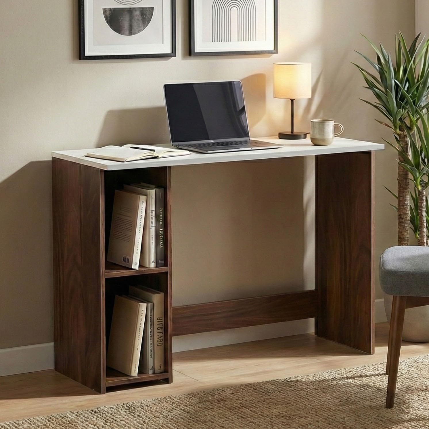 Morrty Engineered Wood Study and Computer Laptop Table for Home or Office, WFH Desk with Storage Shelves for Adults Kids Students (Classic Brown & White)-image-5