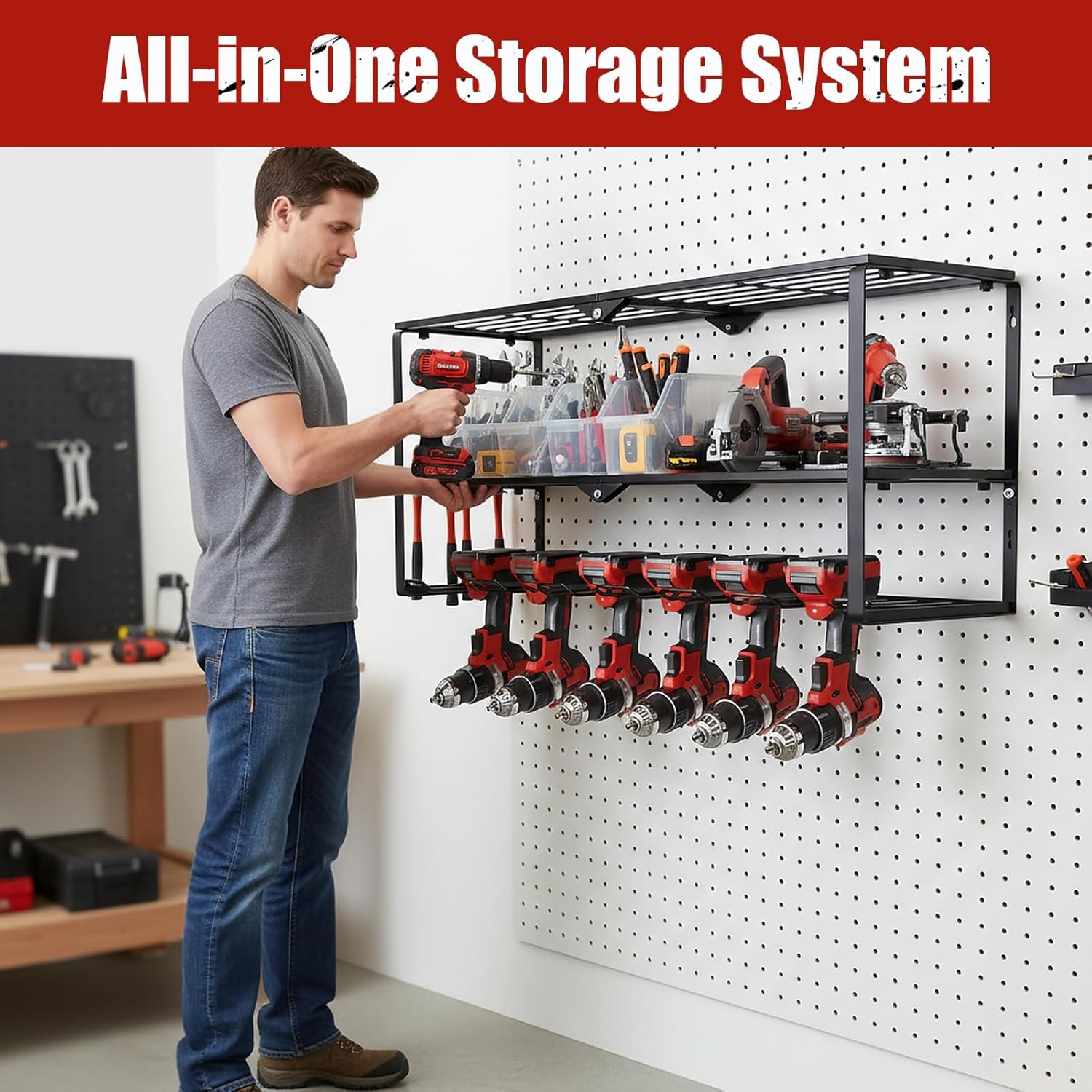 Power Tool Organizer Wall Mount, 3 Layers Drill Holder Rack Charging Station with Adjustable Hooks & 8 Drill Holders, Heavy Duty Garage Storage for Cordless Drills, Tools & Accessories