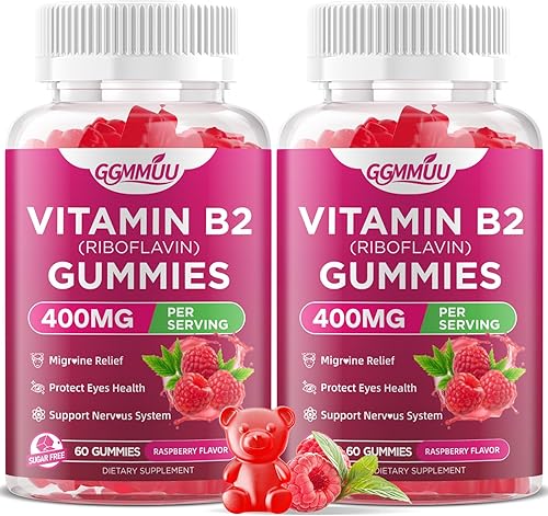 Paquete de 2 gomitas de vitamina B2, riboflavina, suplemento de 400 mg con magnesio para niños y adultos, gomitas B2 para alivio de la migra*ne,