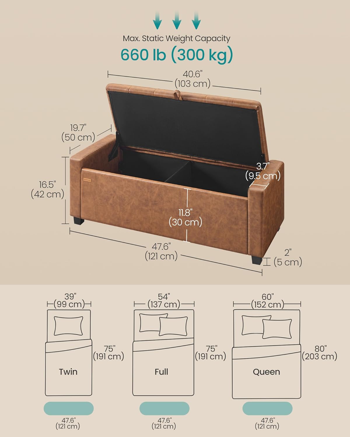 SONGMICS Storage Ottoman, Storage Chest Bench with Legs, End of Bed Bench with Safety Hinges, Pull Tab, for Living Room, Bedroom, 19.7 x 47.6 x 16.5 Inches, Synthetic Leather, Coffee Brown ULOM521KQ01