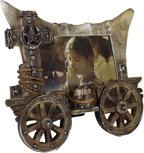 Ebros Gift Carro rústico cubierto con ruedas y cuerdas de estrella de herradura, marco de fotos de 6 x 4 pulgadas, con caballete trasero o colgador