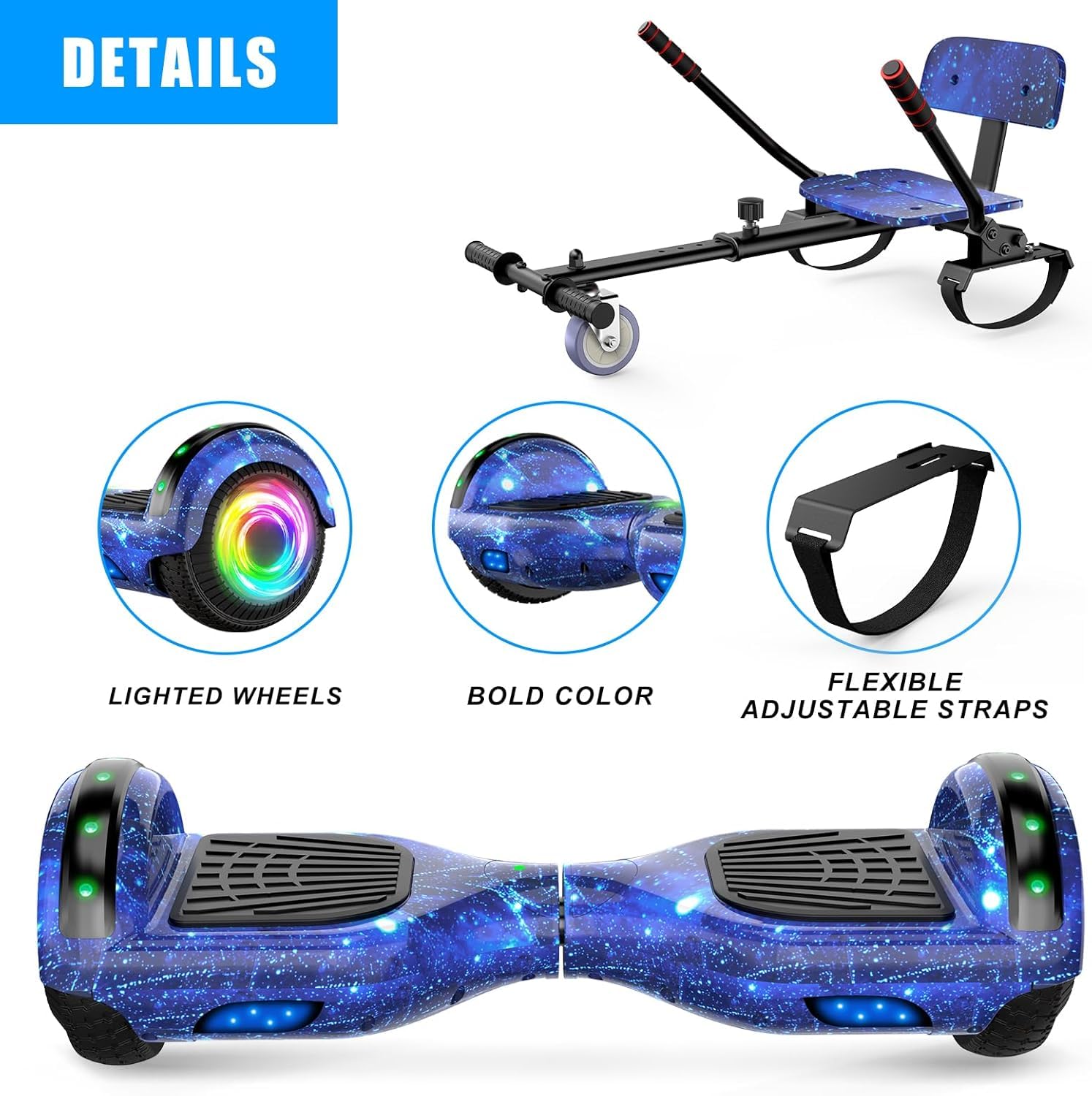 6,5 Zoll Hoverboard mit Sitz, Hoverboard mit Hoverkart für Kinder, Hoverboard mit Bluetooth-Musik und LED-Beleuchtung