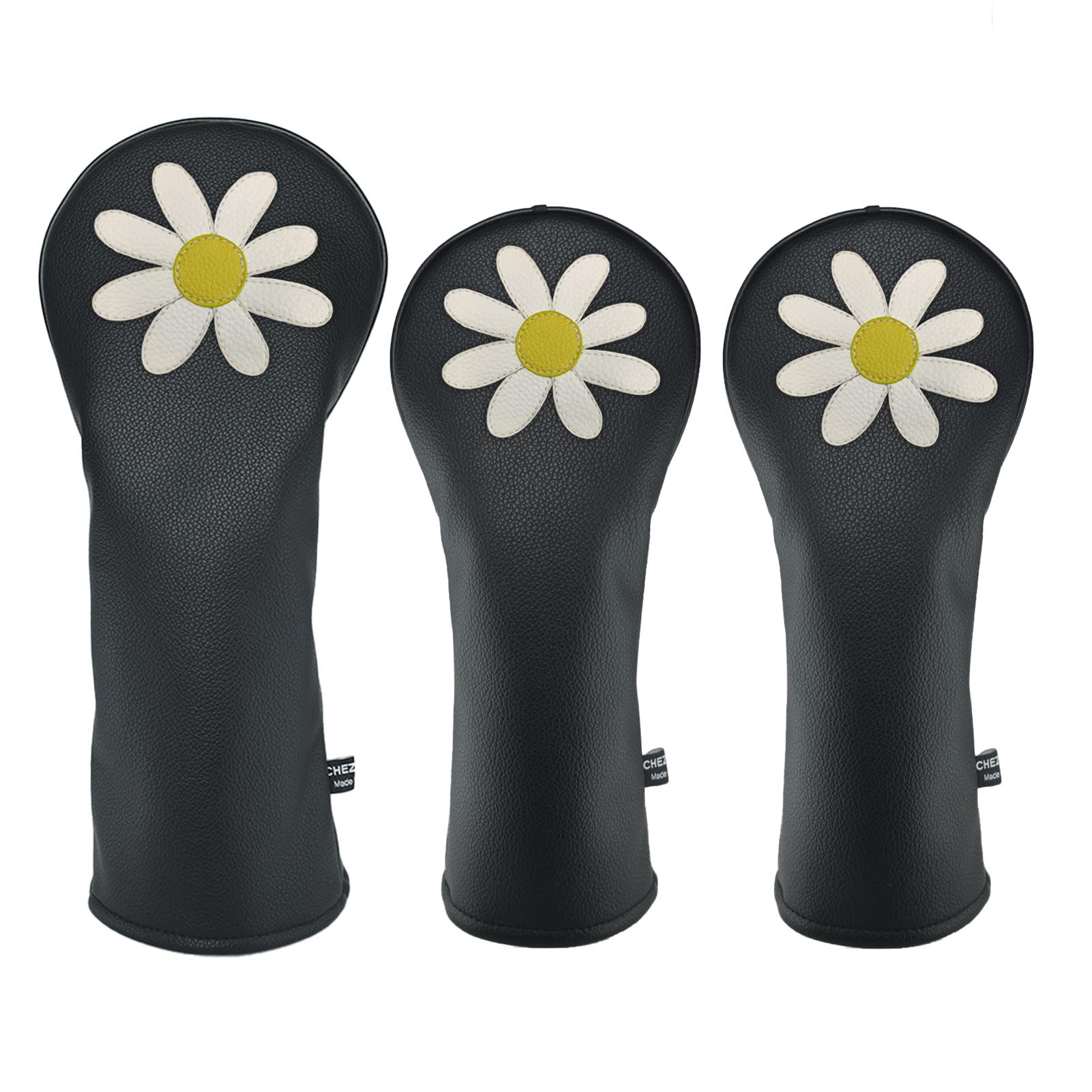 Daisy PU Leather Golf Club Covers Driver Headcovers Fairway Woods Hybrid Protector with Interchangeable Number Tag