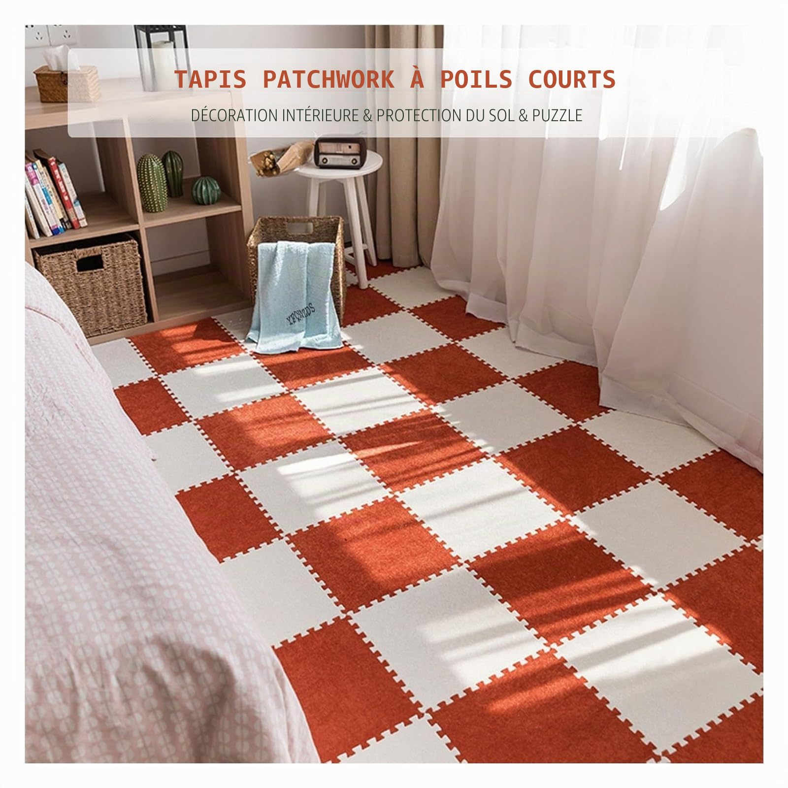 Lot de 10 Tapis de Sol Puzzle carrés 30 x 30 cm, en Peluche Courte, à emboîter, épais, avec Bordure, for décoration d'intérieur(Beige)