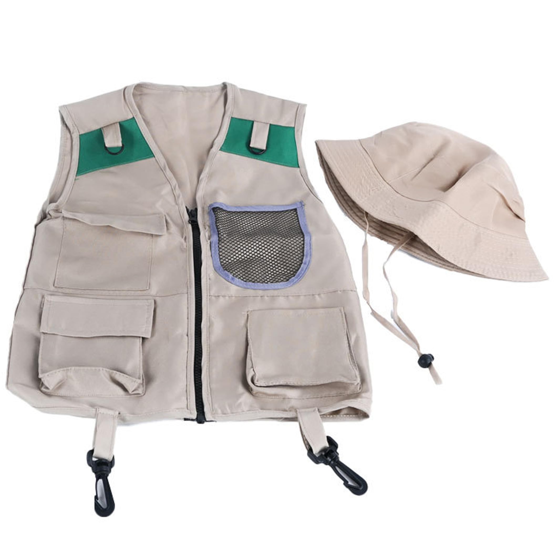 Ameble Zookeeper Costume for Kids with Hat & Multi-Pockets, Easy Zip Closure Fishing Vest Set for Outdoor Role Play, Paleontologist, Dress Up, Multi-pocket