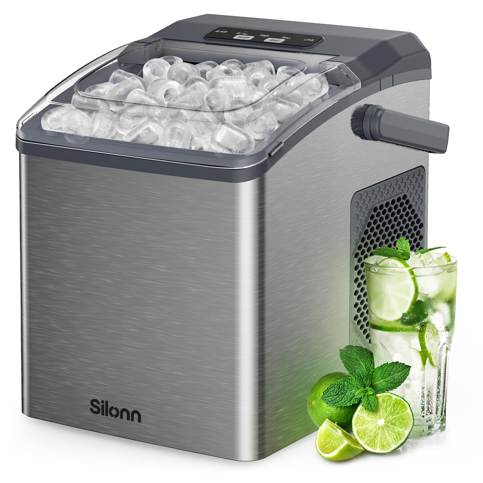 Silonn Stainless Steel Countertop Ice Maker, 26 lbs/Day Fast Ice Production in 6 Mins, Self-Cleaning Compact Ice Machine for Home, Kitchen, Office &