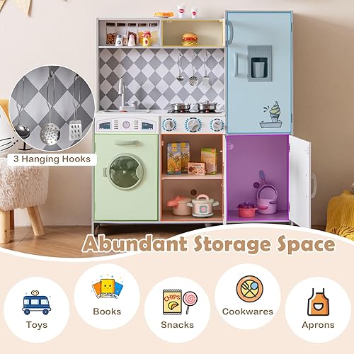 Miniatura 4 de HONEY JOY Juego de cocina para niños, juego de cocina de madera con máquina de hielo, estufa iluminada, armario de almacenamiento, lavadora