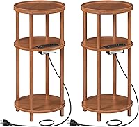HOOBRO Set of 2 Bamboo Round End Tables with Charging Station, 3-Tier Side Tables, Easy Assembly, Walnut for Living Room & Bedroom