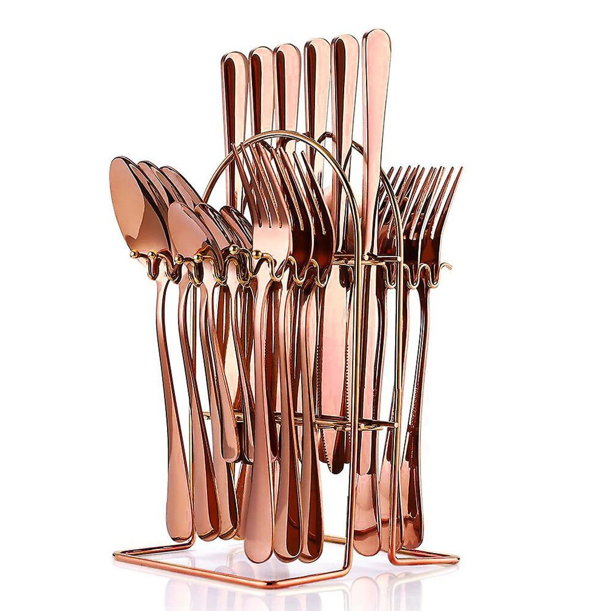 STAR WORK Hotel Dinnerware Mirror Cutlery Set Tableware Set European-Style Knife and Spoon Set Nordic Style Cutlery 24 PCS Set (Rose Gold)